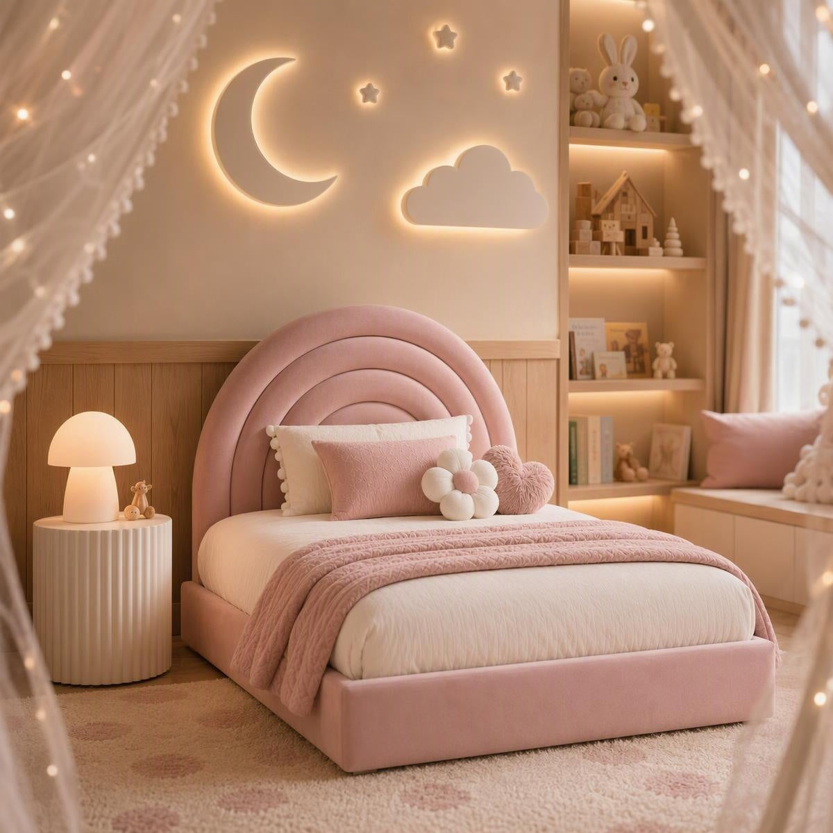 AAF Pink Velvet Rainbow Arch Headboard Kids Bed Frame