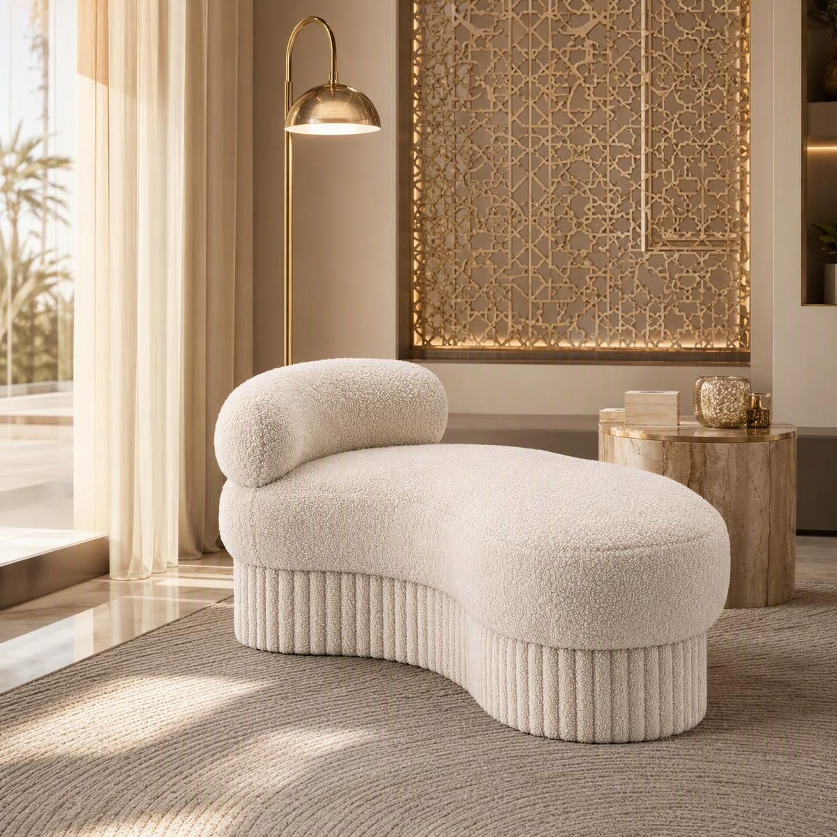 AAF Boucle Curved Chaise Bench Stool with Ribbed Base for Living Room