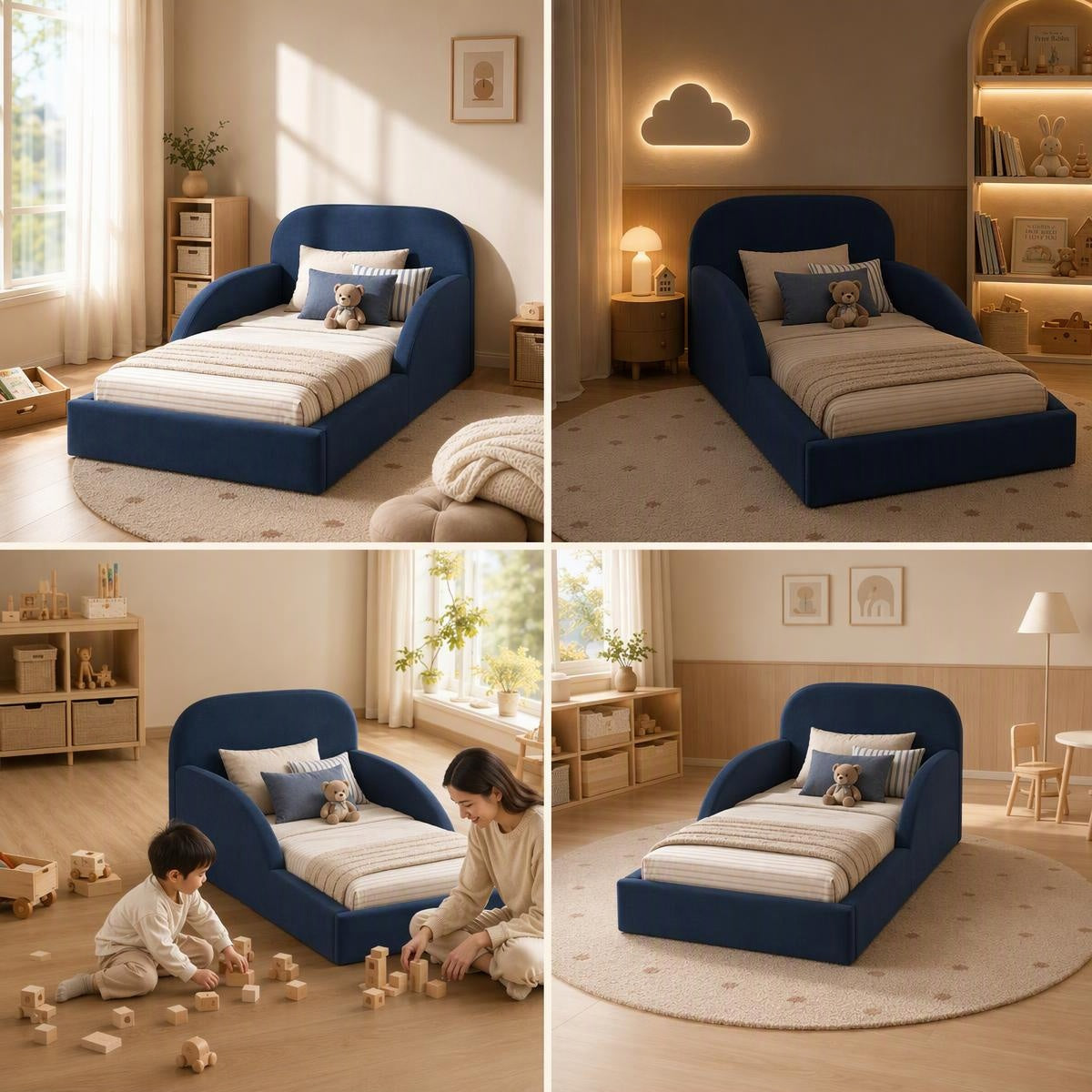 AAF Navy Blue Upholstered Sofa Kids Bed Frame with Side Rails