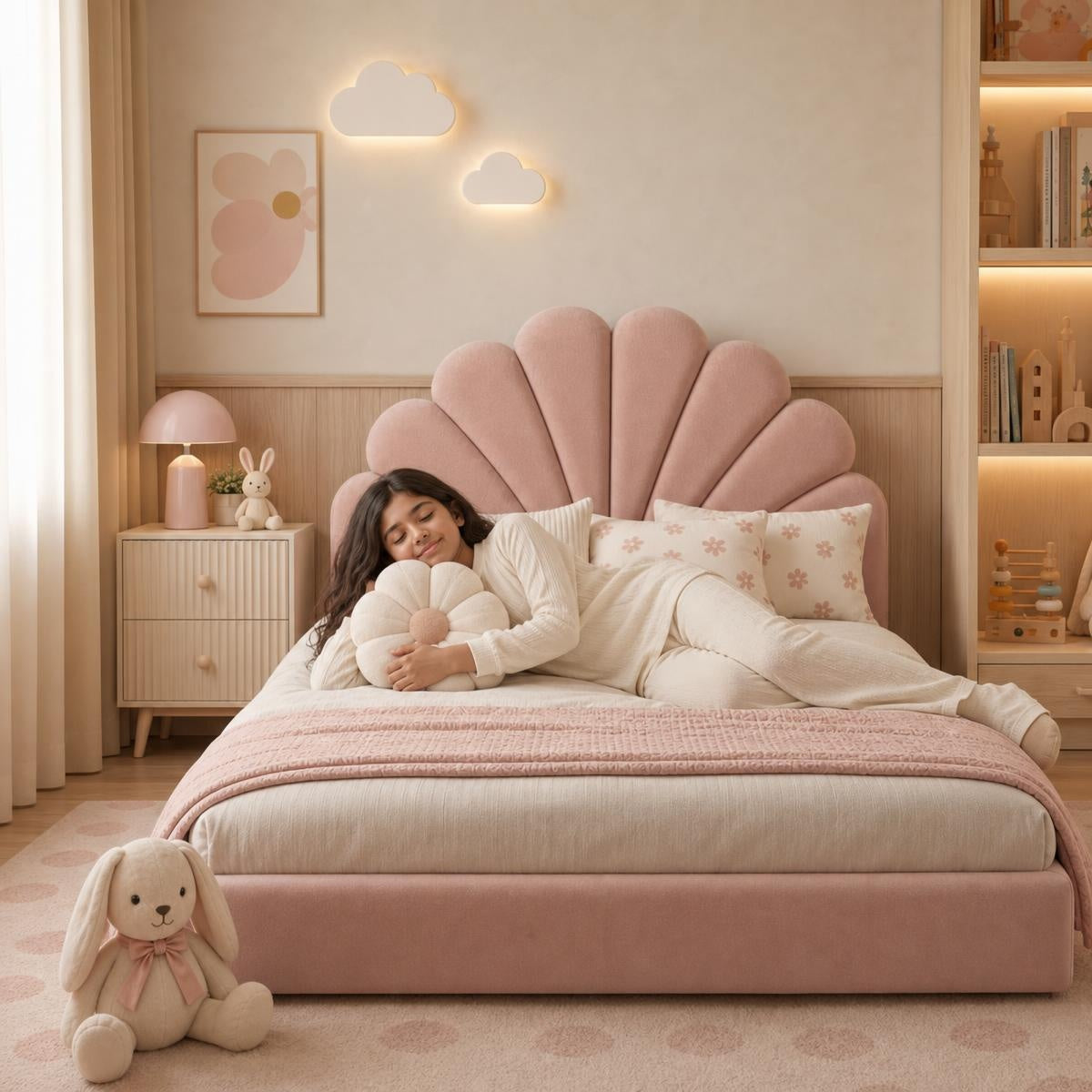 AAF Pink Velvet Shell Scallop Headboard Kids Bed Frame