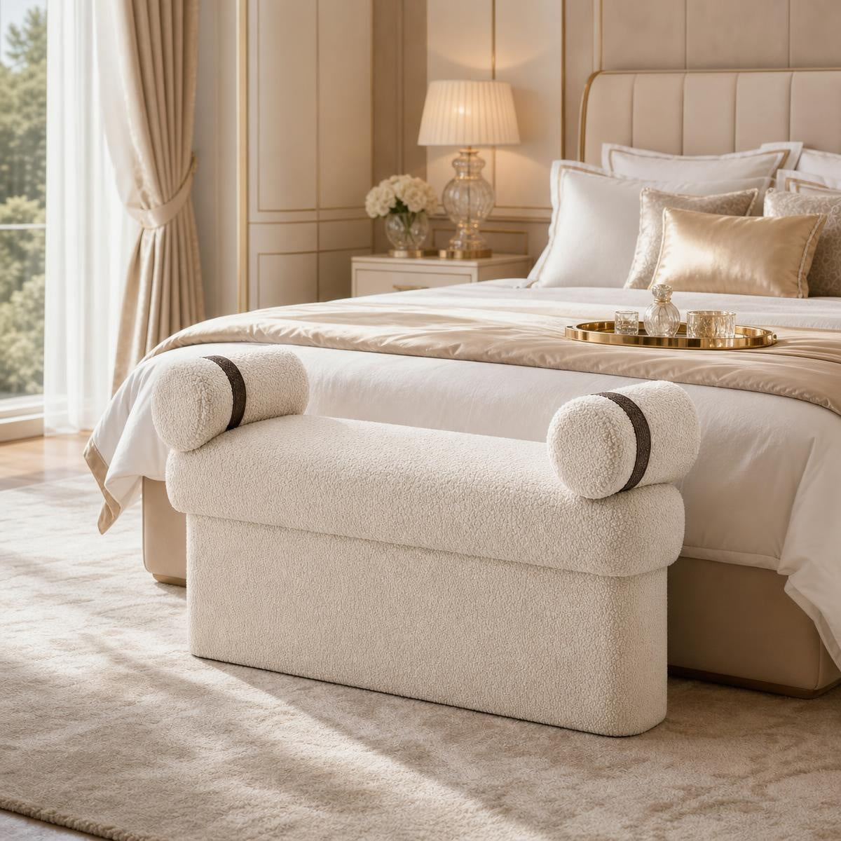 AAF Boucle Modern Bench Stool with Rolled Cushions for Living Room