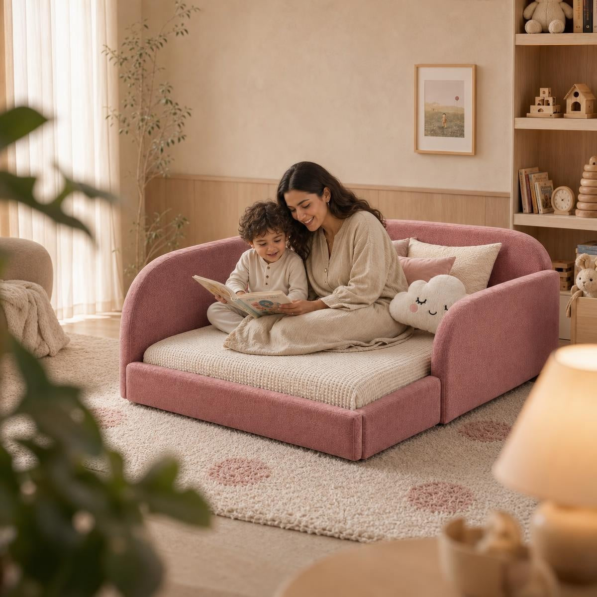 AAF Blush Teddy Fleece Enclosed Guardrail Floor Kids Bed Frame