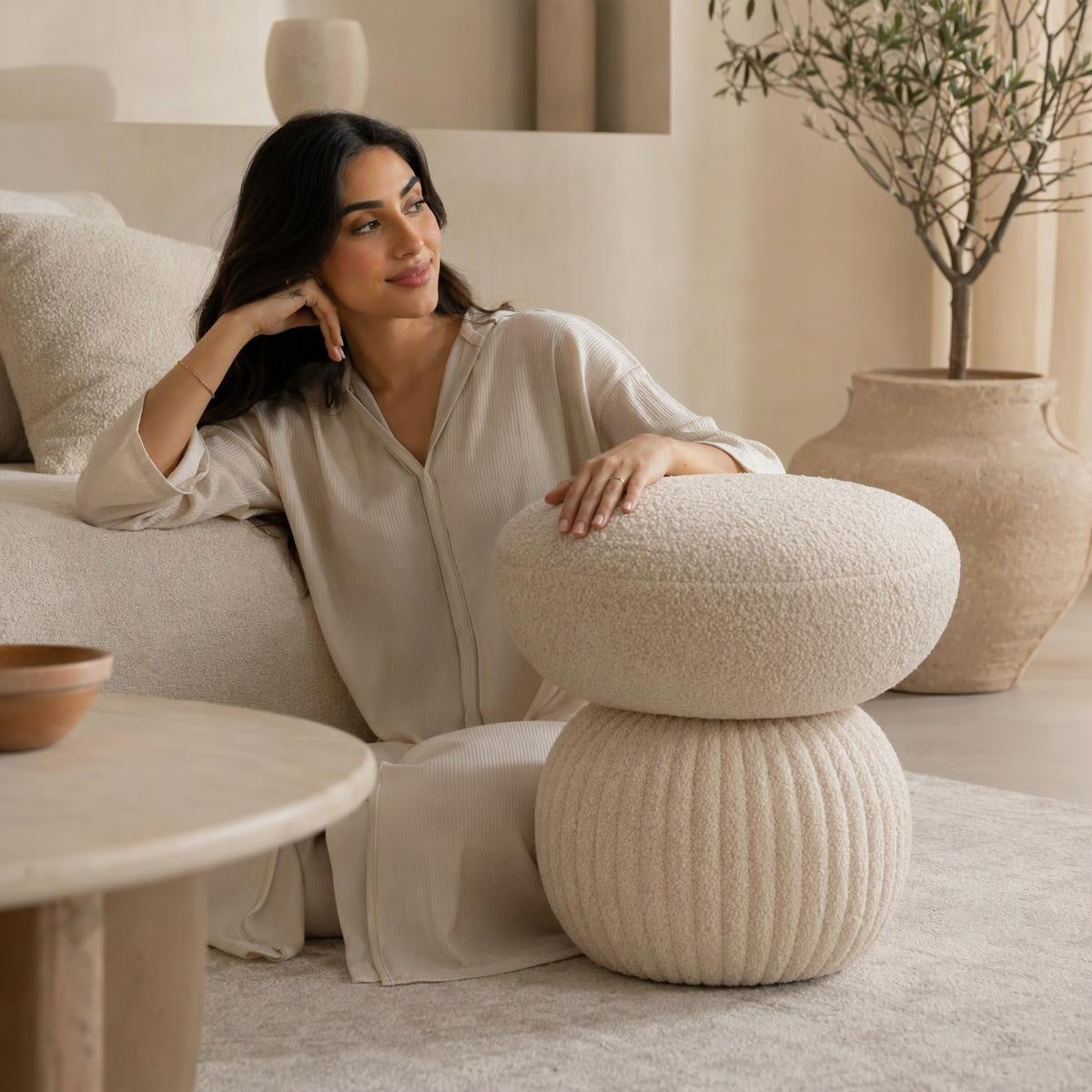AAF Boucle Mushroom Shape Accent Stool for Living Room