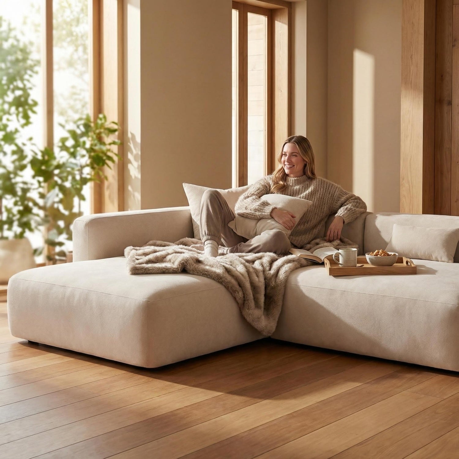 AAF Beige Cloud Sofa L-Shape Corner Sectional - Modular Fabric Couch UAE