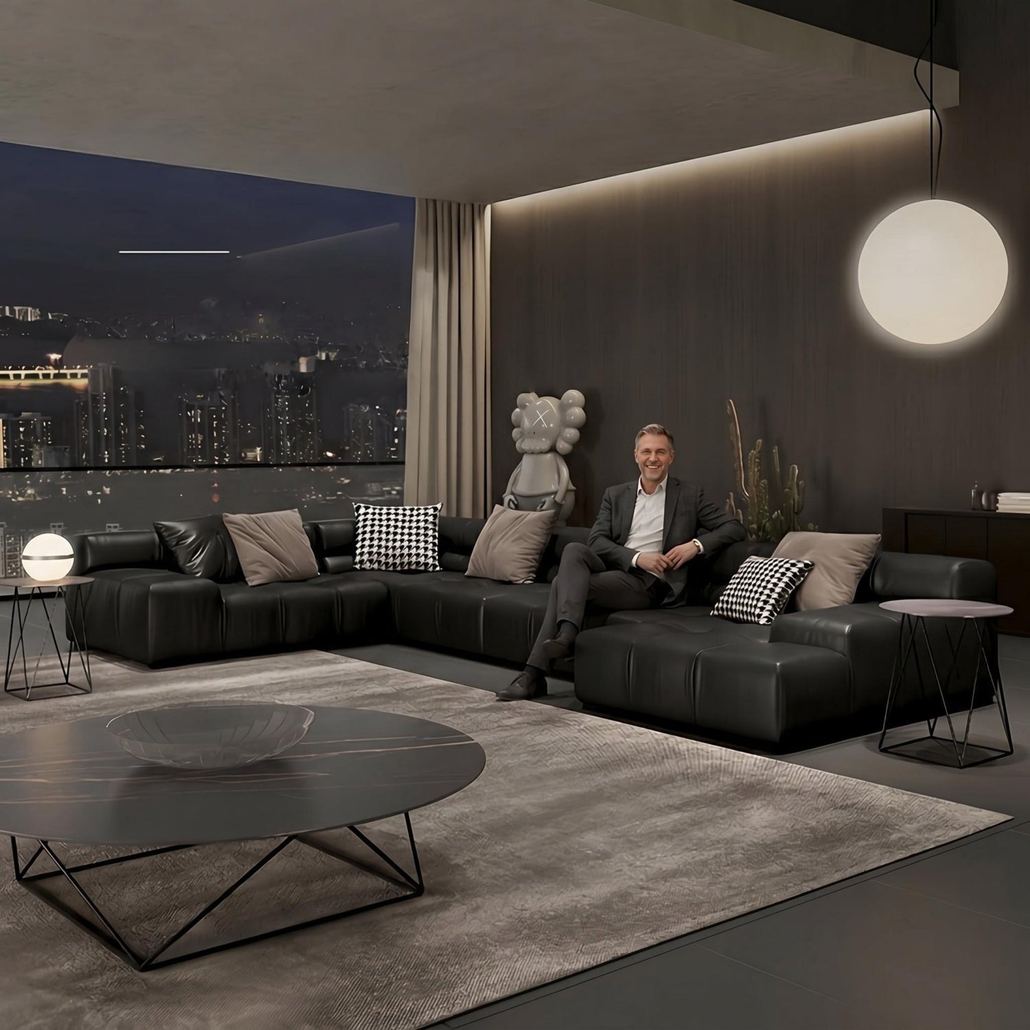 AAF Modular Black Leather Tufted Sectional Sofa Italian UAE