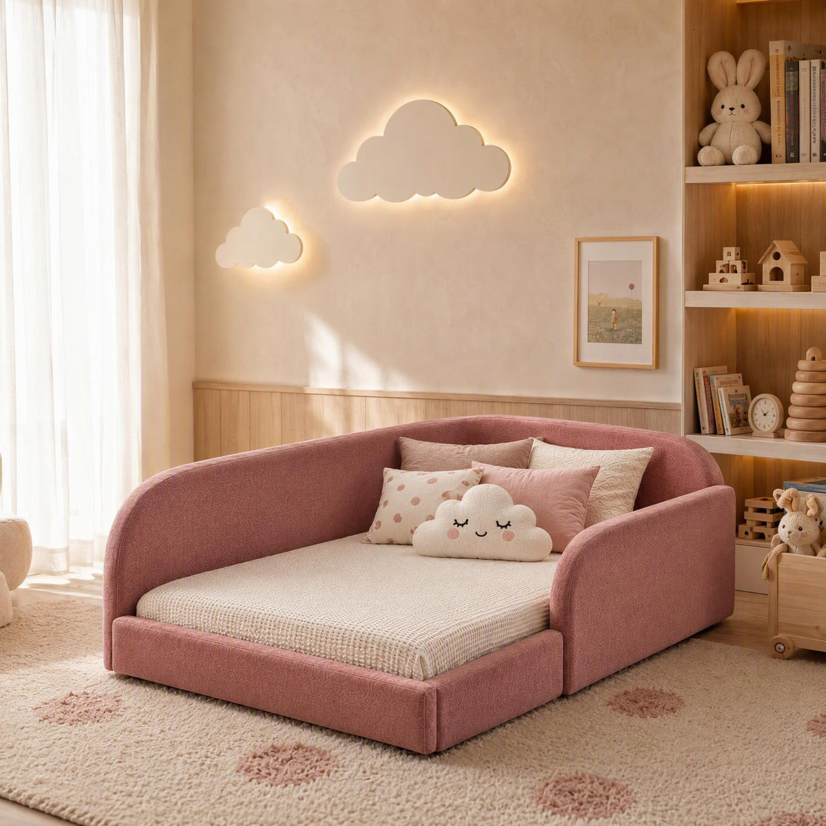 AAF Blush Teddy Fleece Enclosed Guardrail Floor Kids Bed Frame