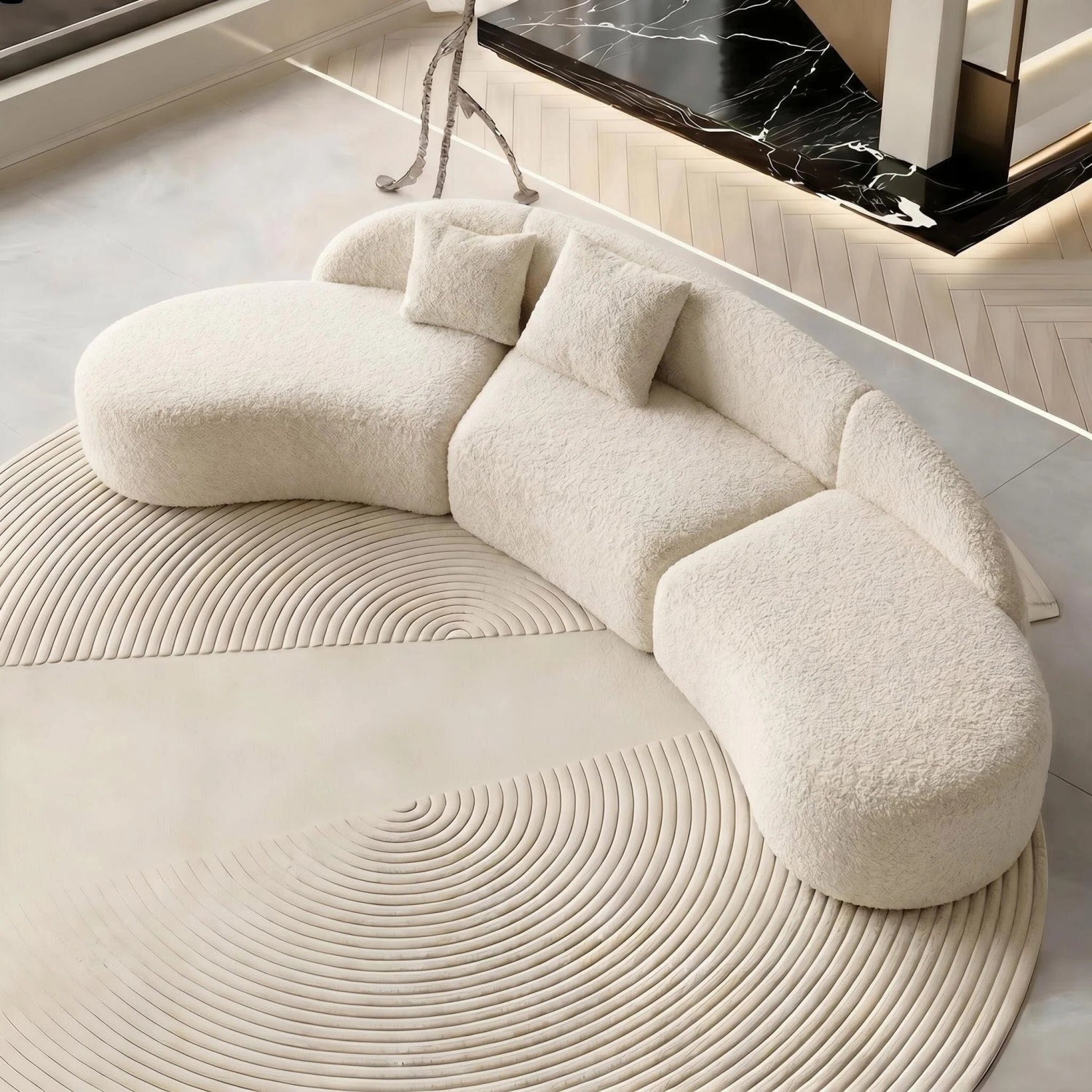 AAF Teddy Fleece C-Shape Curved Sofa Cream Beige 2-7 Seat UAE