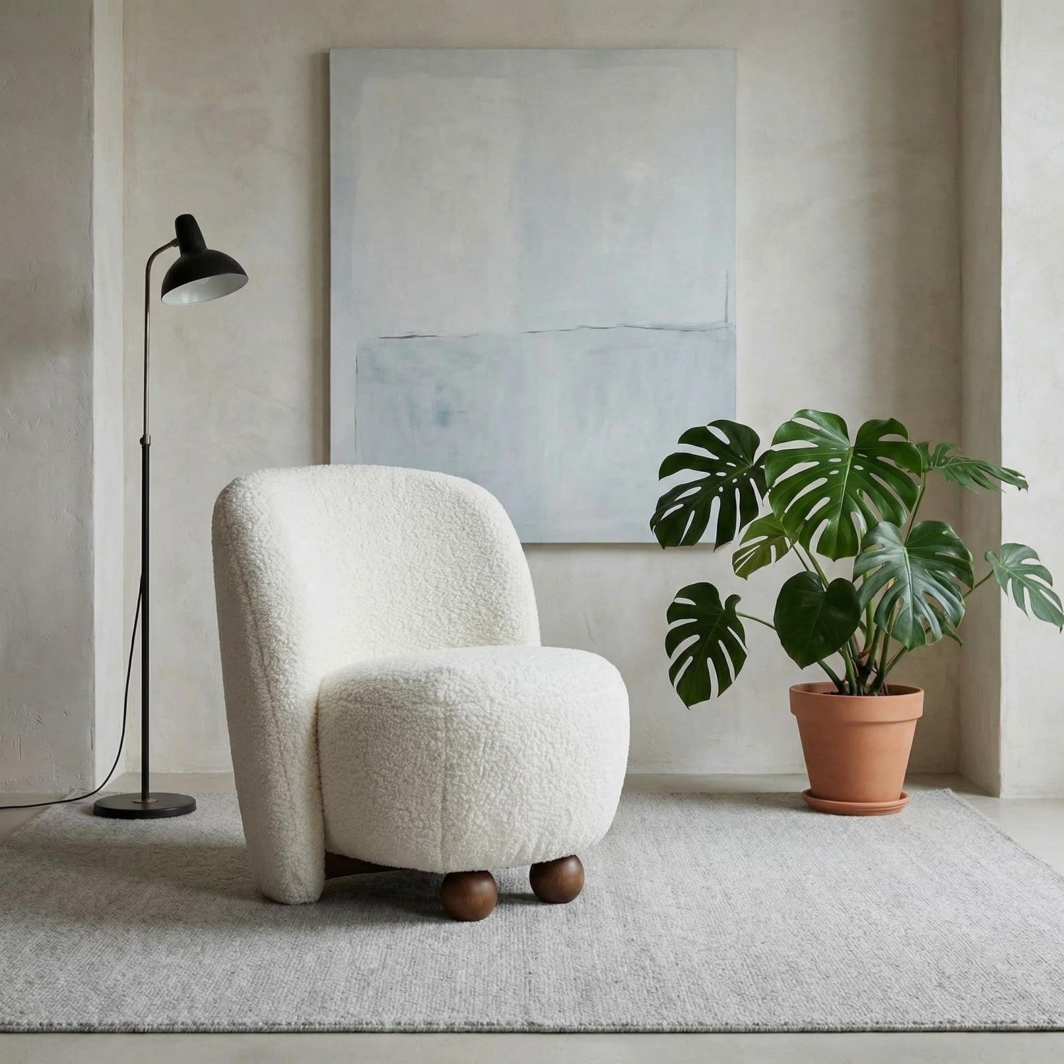 AAF Sherpa Fleece Armchair Round Walnut Wood Feet Off White UAE