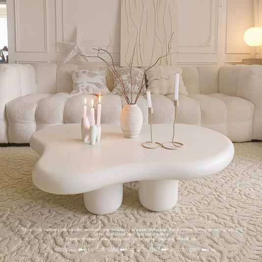 AAF FURNITURE Cream-style Coffee Table, Cute White Modern Tea Table, Irregular Indoor End Table for Living Room