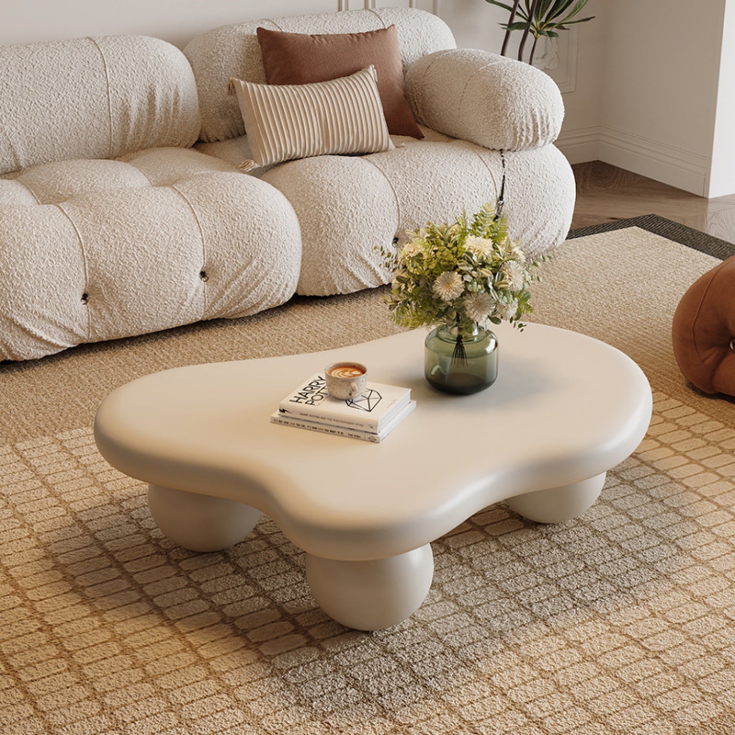AAF FURNITURE Cream-style Coffee Table, Cute White Modern Tea Table, Irregular Indoor End Table for Living Room