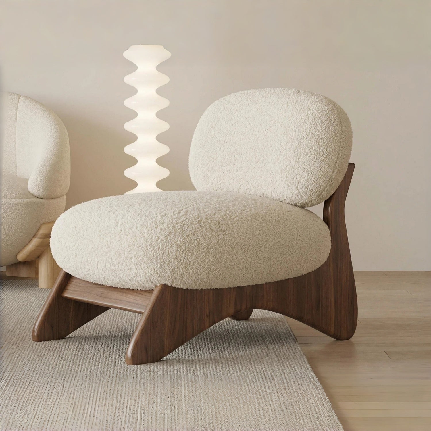 AAF Sherpa Fleece Accent Chair Off White Walnut Legs UAE