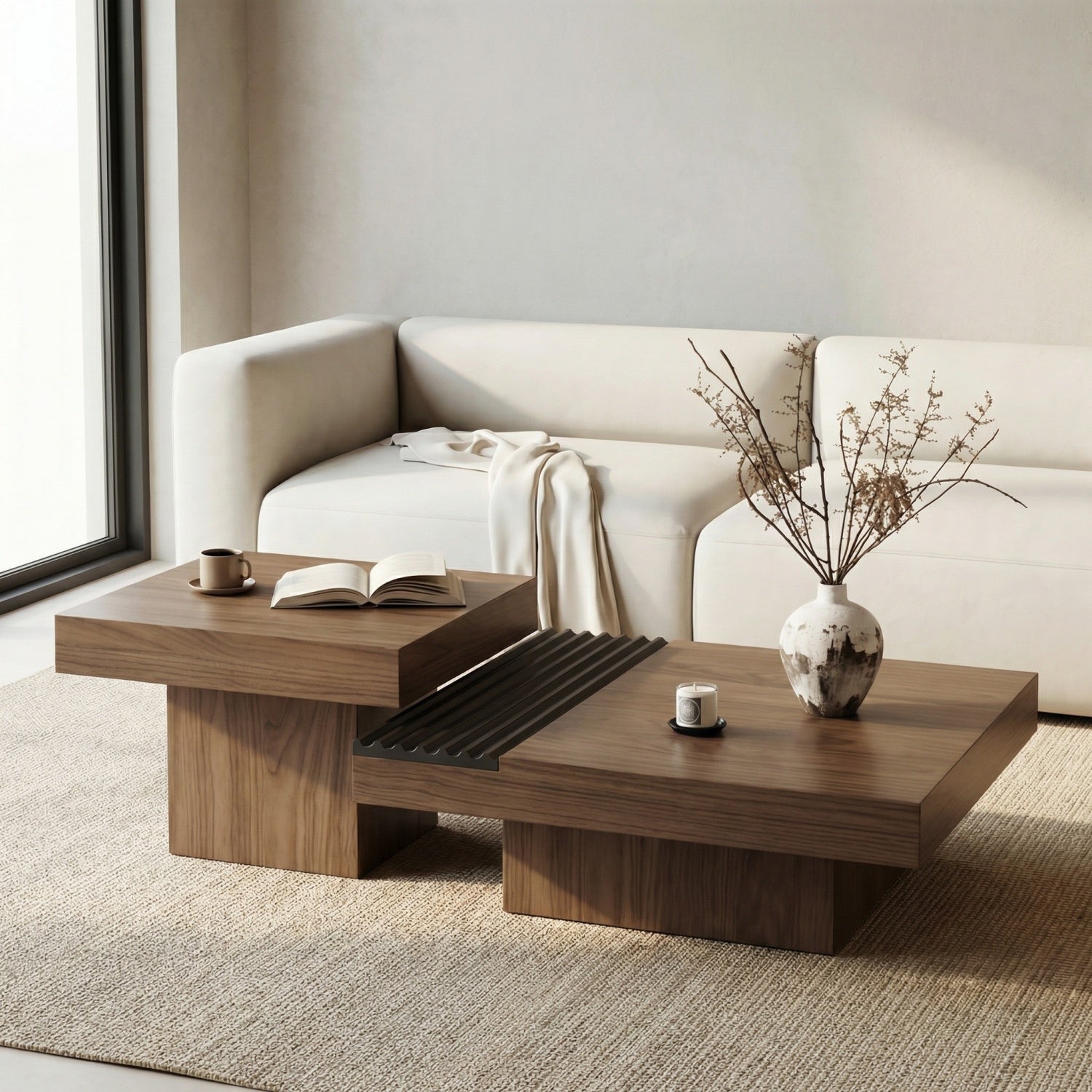 AAF Furniture Square Coffee Table Set Walnut Floating Storage 2-Piece UAE