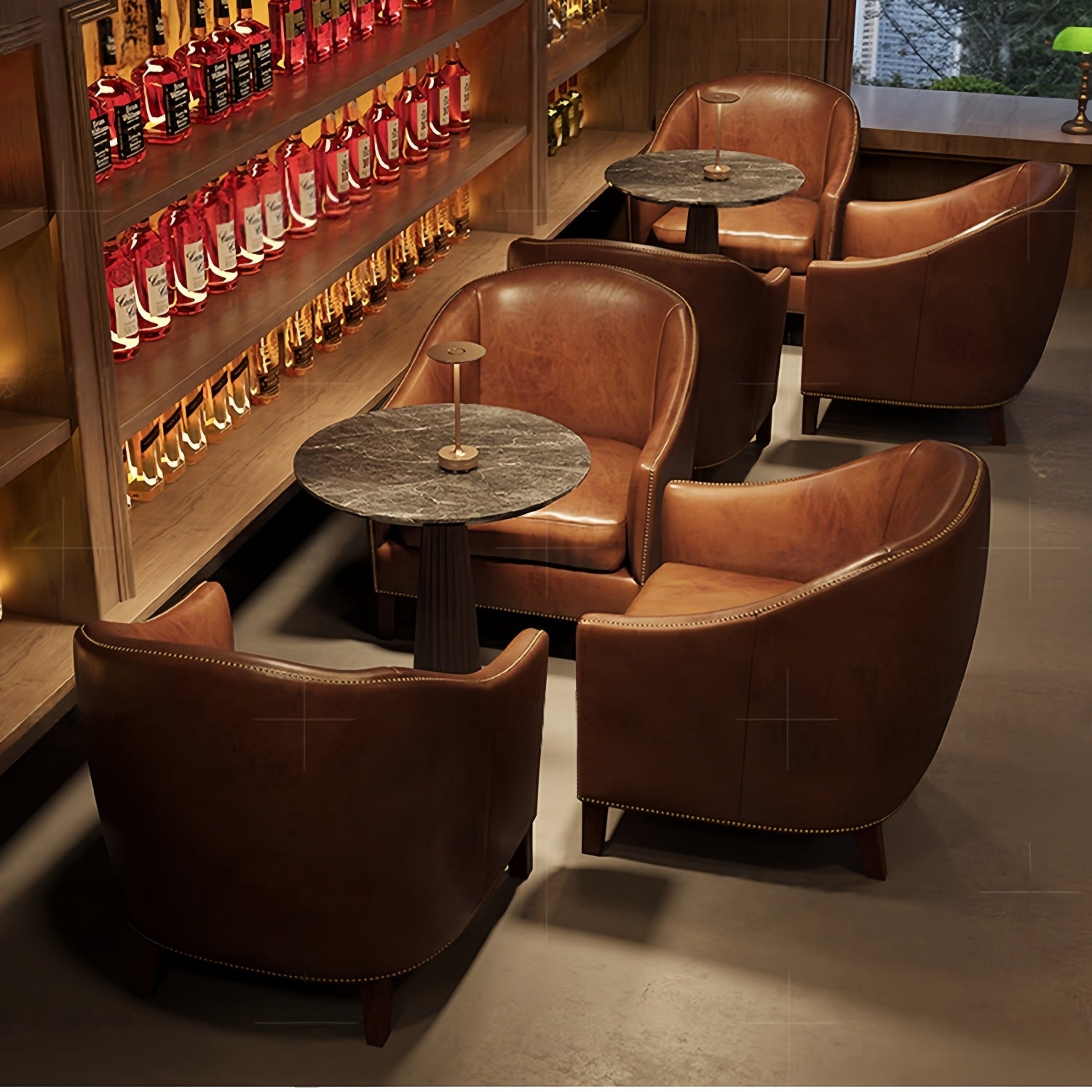 AAF Curved Back Brown Leather Lounge Sofa Table Set
