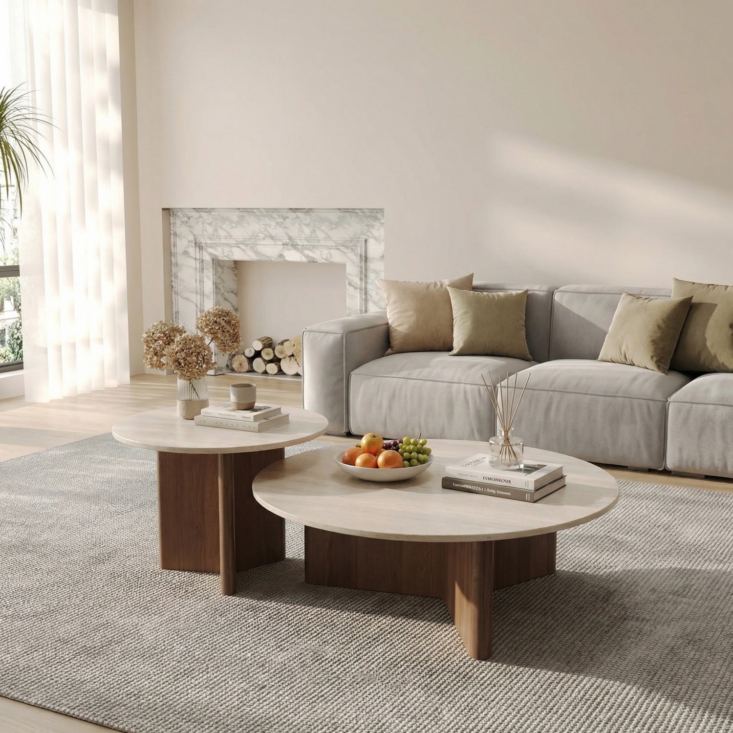 AAF Travertine Stone Coffee Table Walnut Arc Base & Cylinder 2-Piece UAE