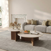 AAF Travertine Stone Coffee Table Walnut Arc Base & Cylinder 2-Piece UAE