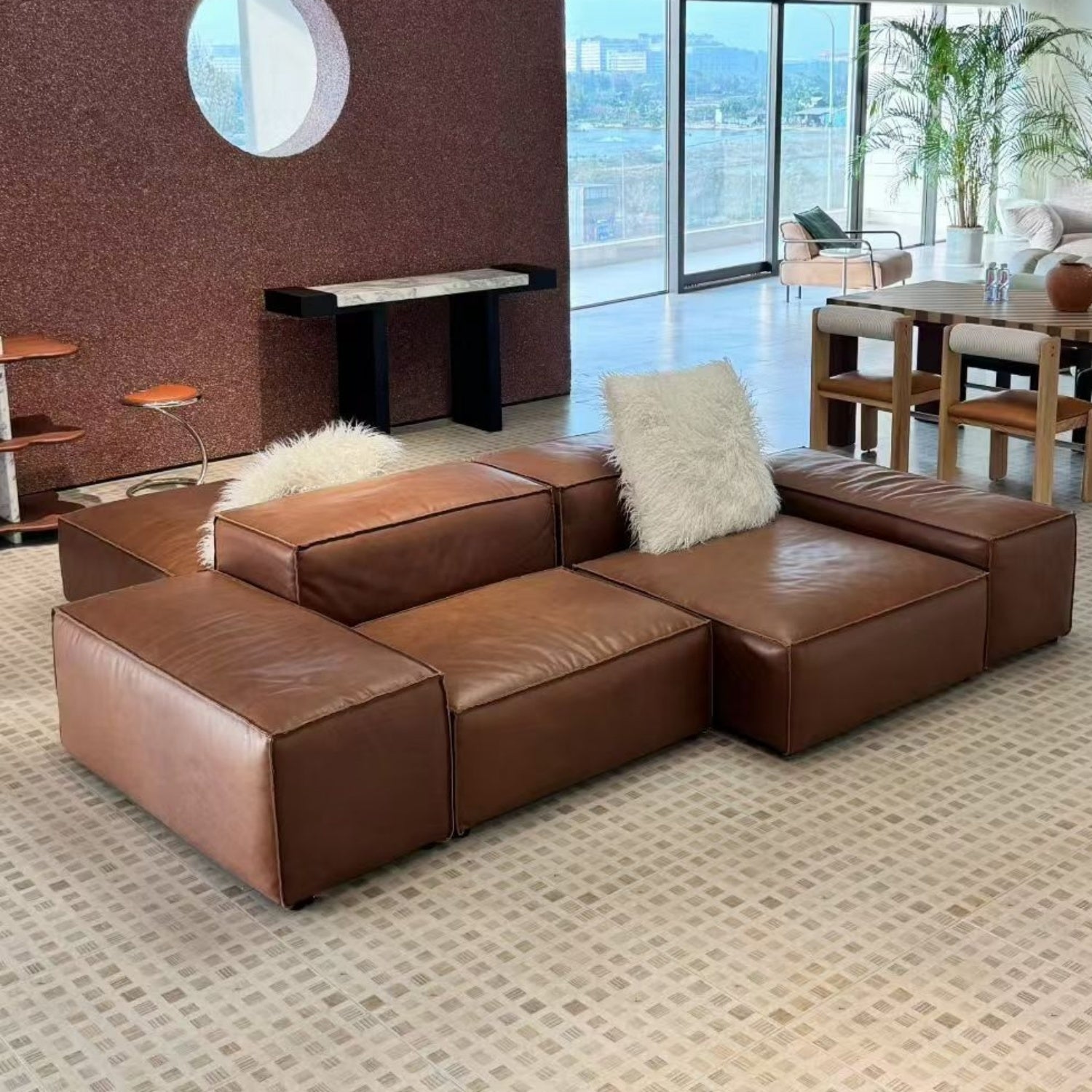 AAF Modular Leather Sofa Caramel Brown Geometric Sectional UAE