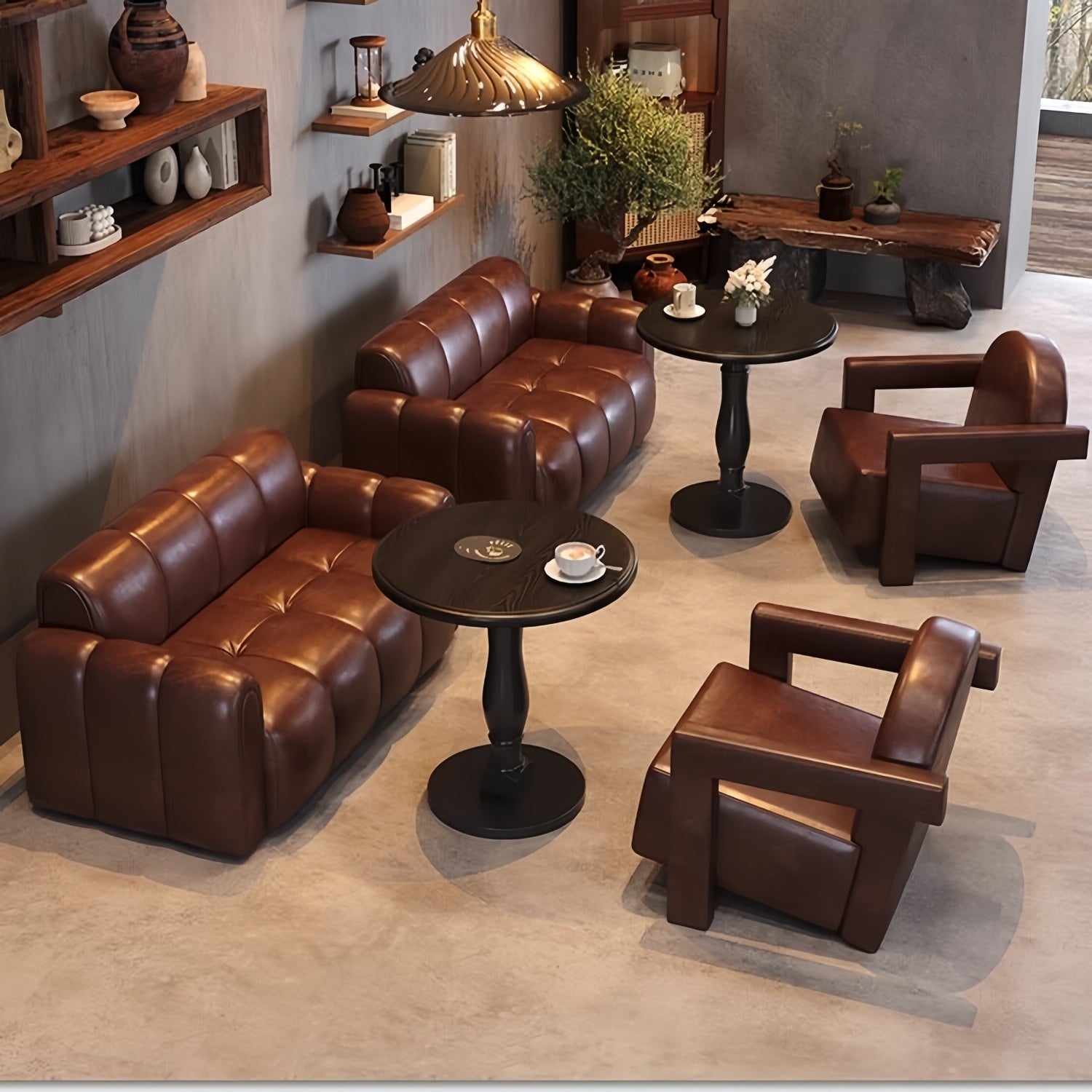 AAF Modern Bubble Tufted Leather Lounge Sofa Table Set