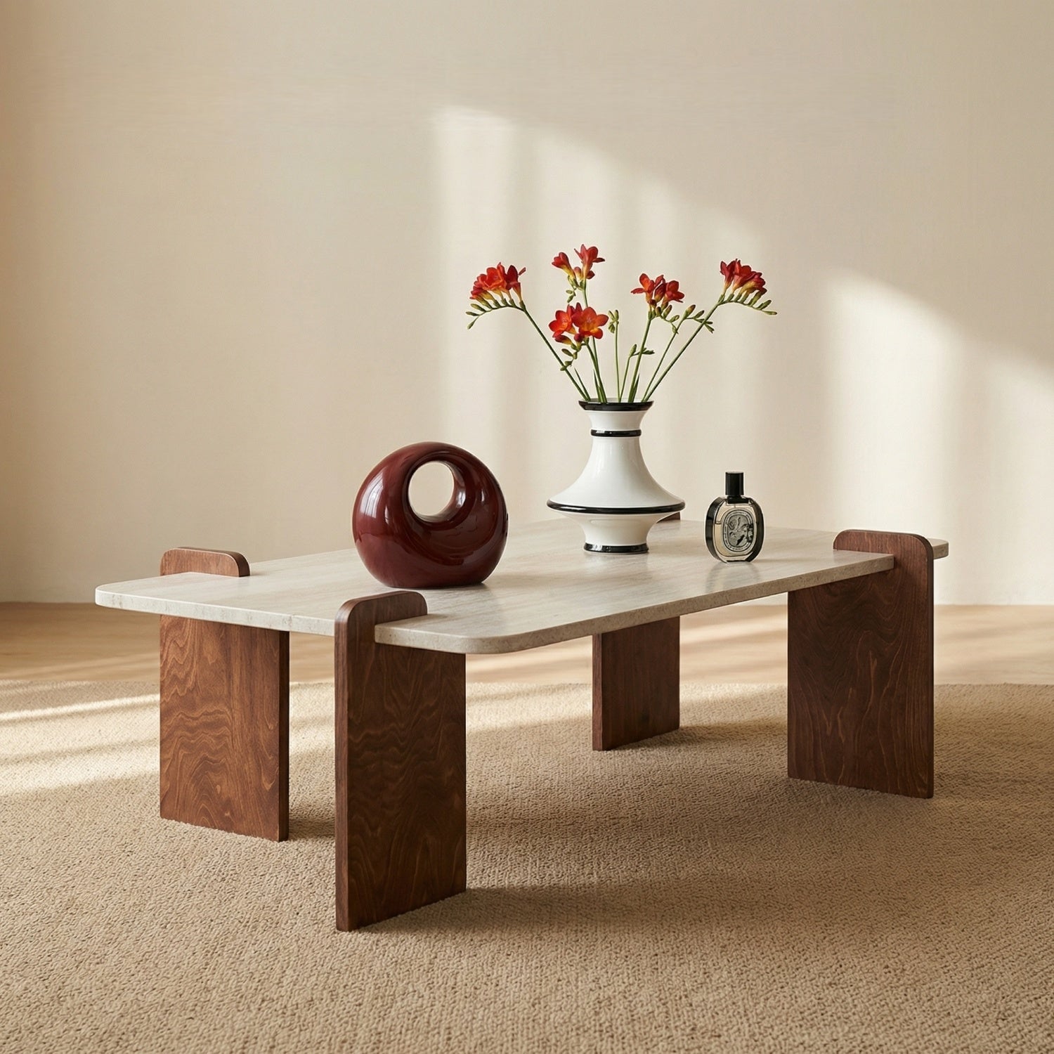 AAF Furniture Travertine Sintered Stone Rectangular Coffee Table Walnut Frame UAE