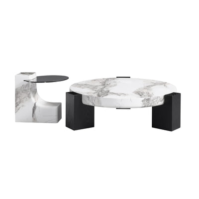 AAF Furniture White Marble Round Coffee Table Black Square Base Set