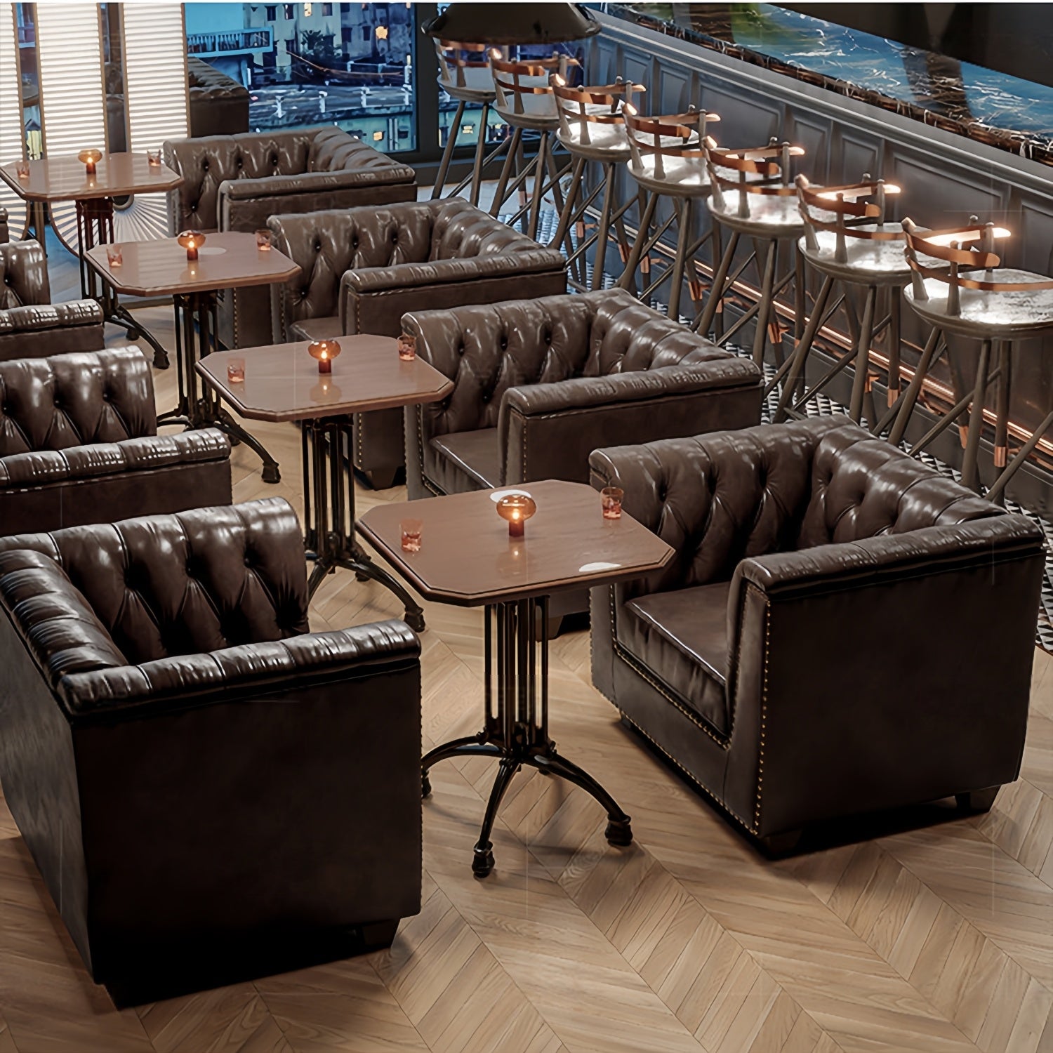 AAF Espresso Chesterfield Lounge Sofa with Matching Wood-Top Table Set