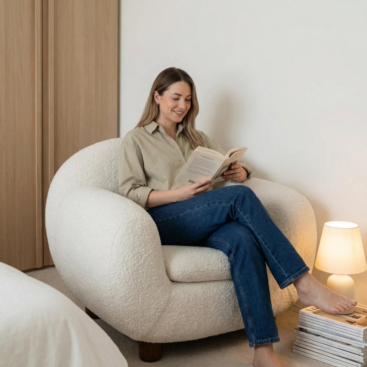 AAF Sherpa Fleece Accent Chair Rounded Off White Walnut Feet UAE