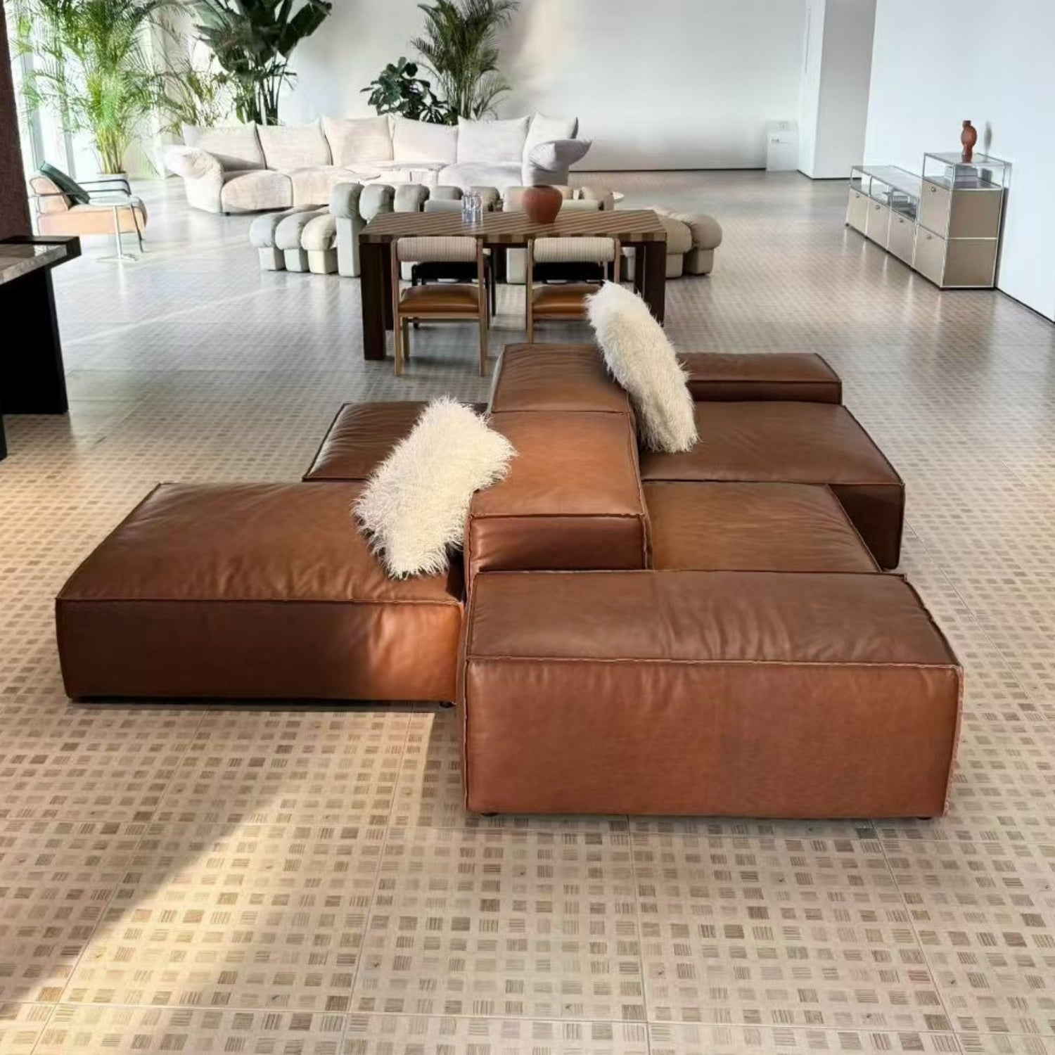 AAF Modular Leather Sofa Caramel Brown Geometric Sectional UAE