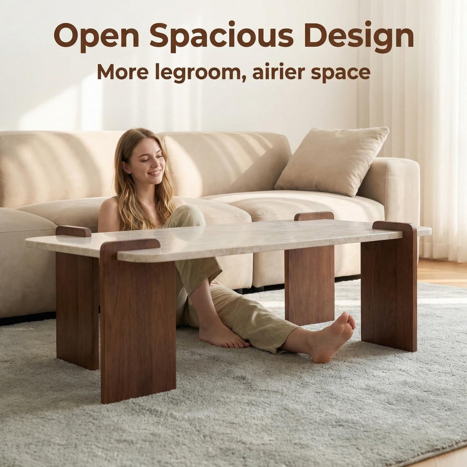 AAF Furniture Travertine Sintered Stone Rectangular Coffee Table Walnut Frame UAE