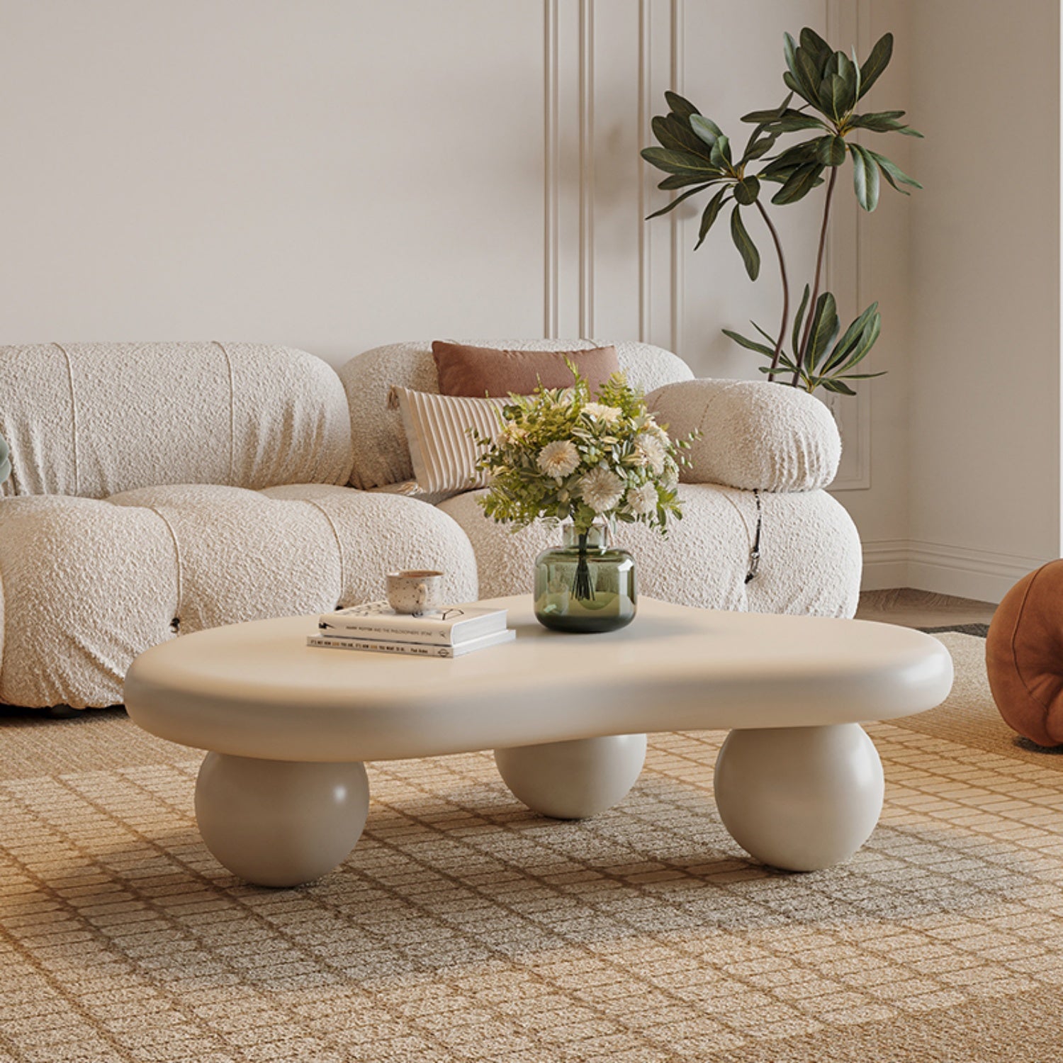 AAF FURNITURE Cream-style Coffee Table, Cute White Modern Tea Table, Irregular Indoor End Table for Living Room
