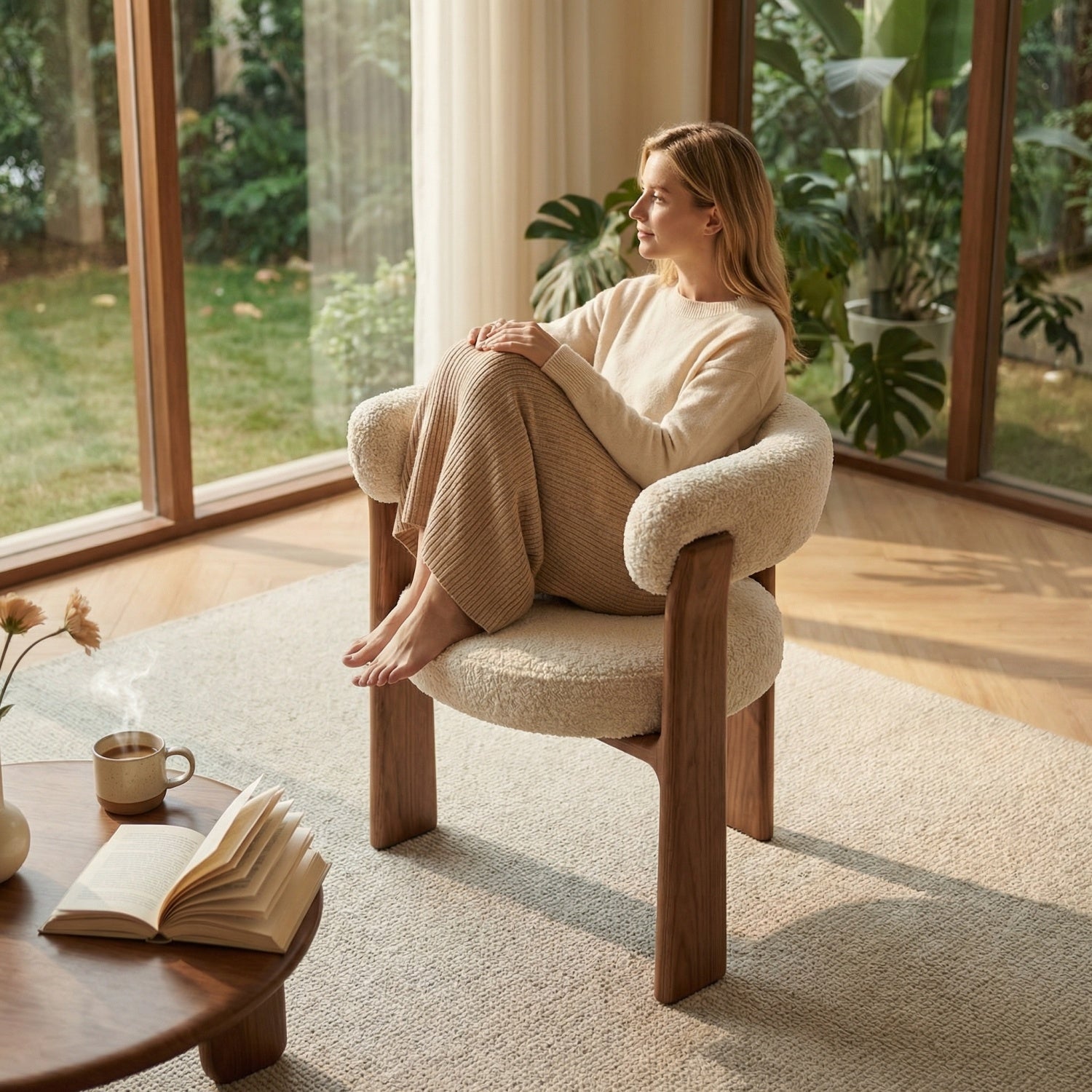 AAF Dark Wood Sherpa Chair Cream Nordic UAE