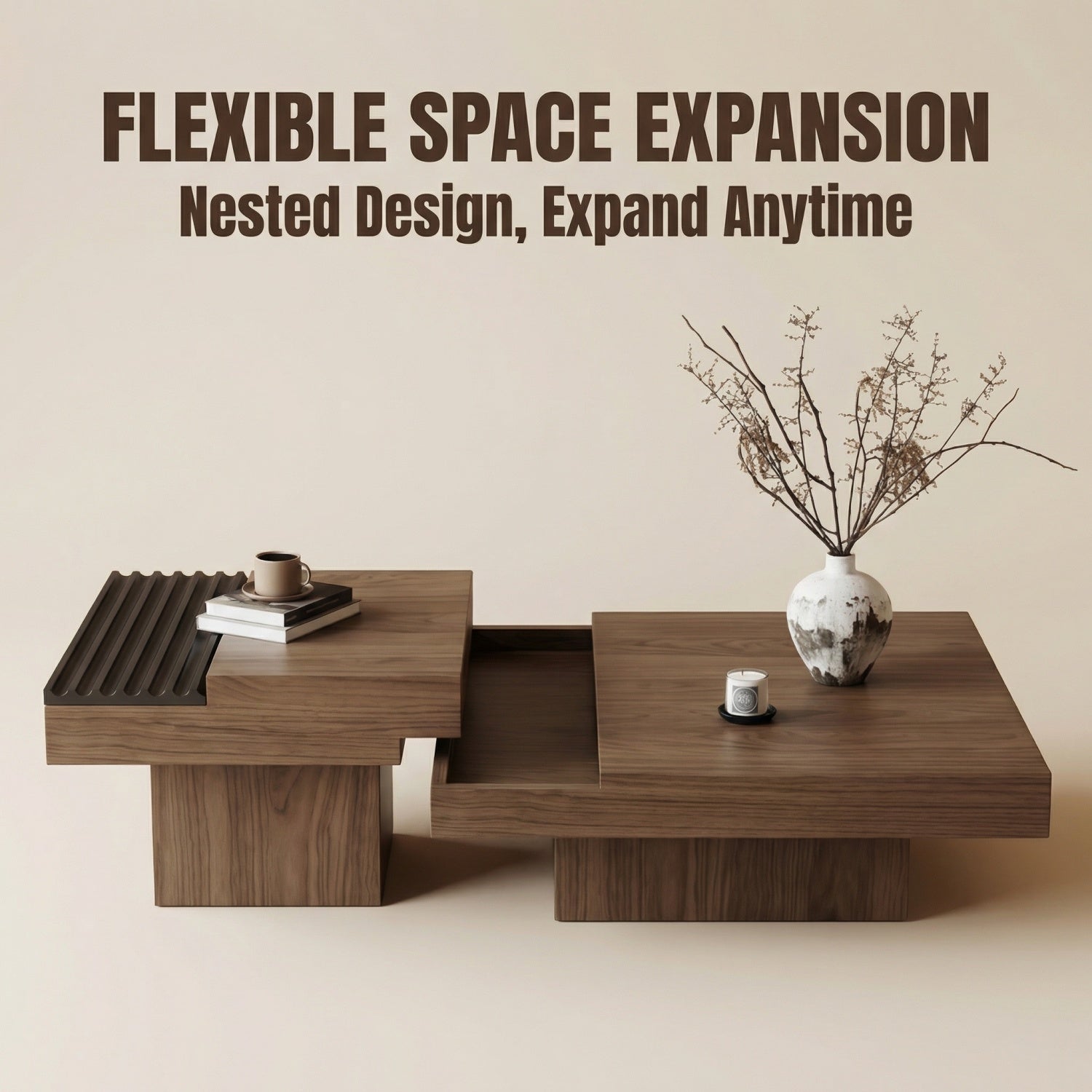 AAF Furniture Square Coffee Table Set Walnut Floating Storage 2-Piece UAE
