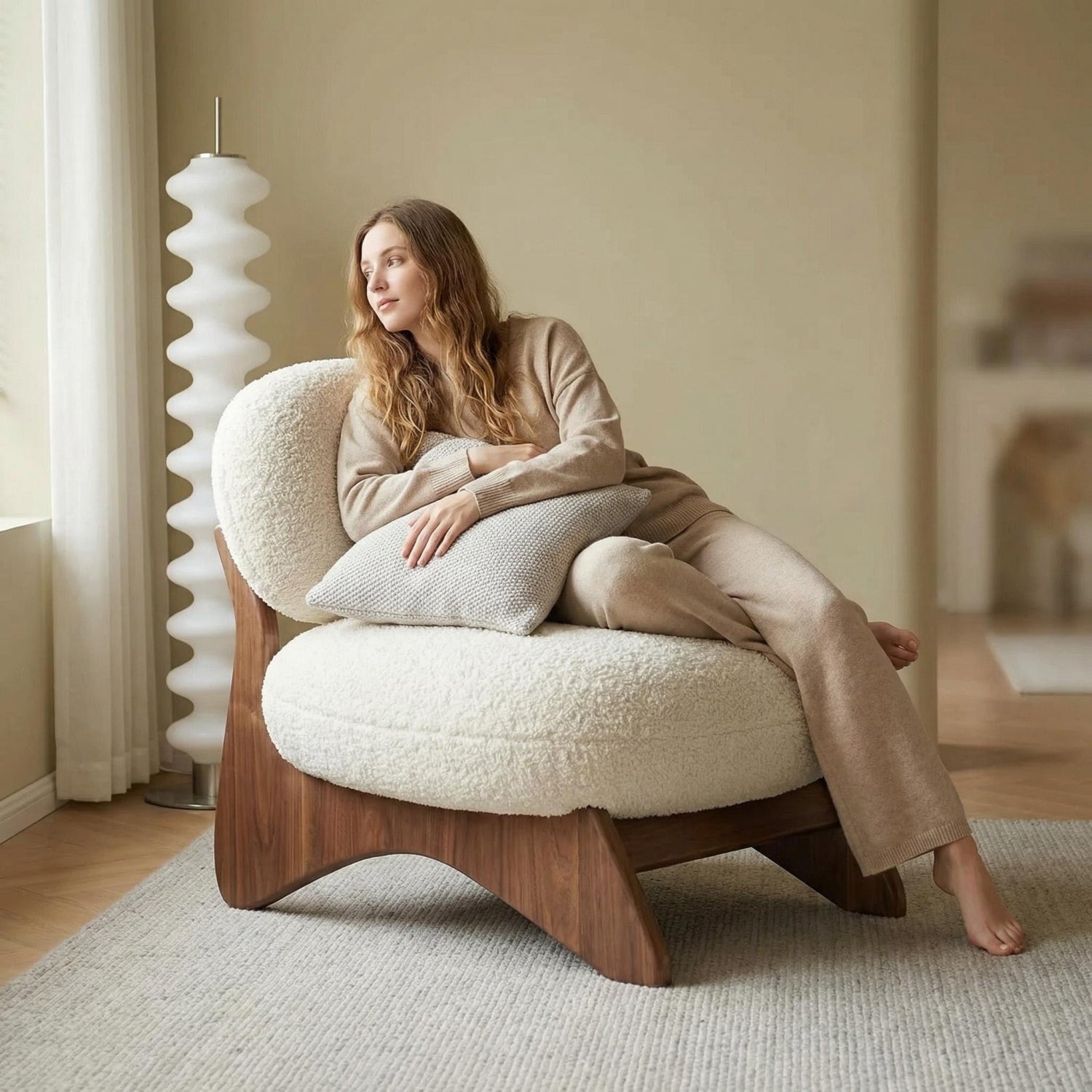 AAF Sherpa Fleece Accent Chair Off White Walnut Legs UAE