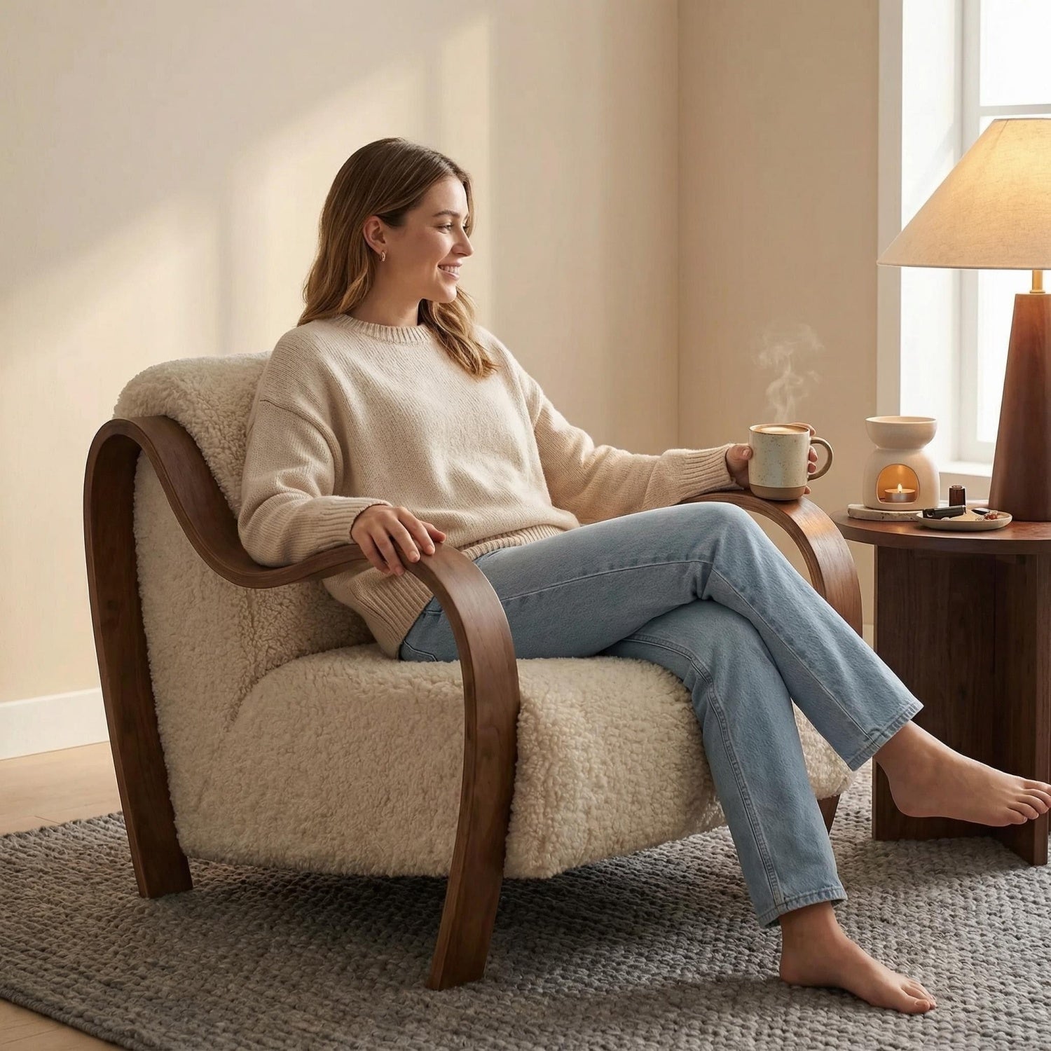 AAF Sherpa Fleece Armchair Dark Metal Armrest Frame Off White UAE