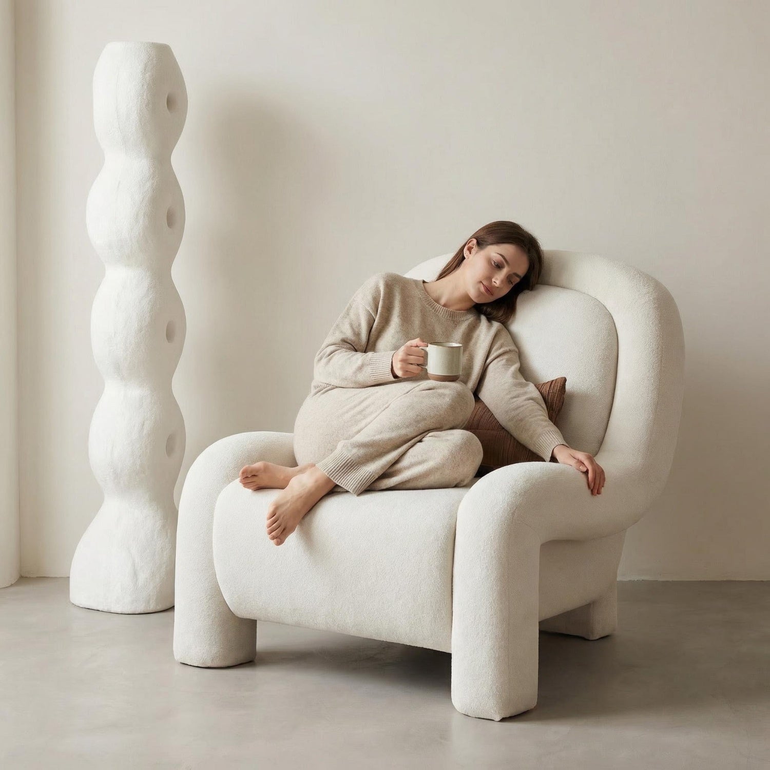 AAF Sherpa Fleece Armchair Arc Armrest Off White with Cushion UAE