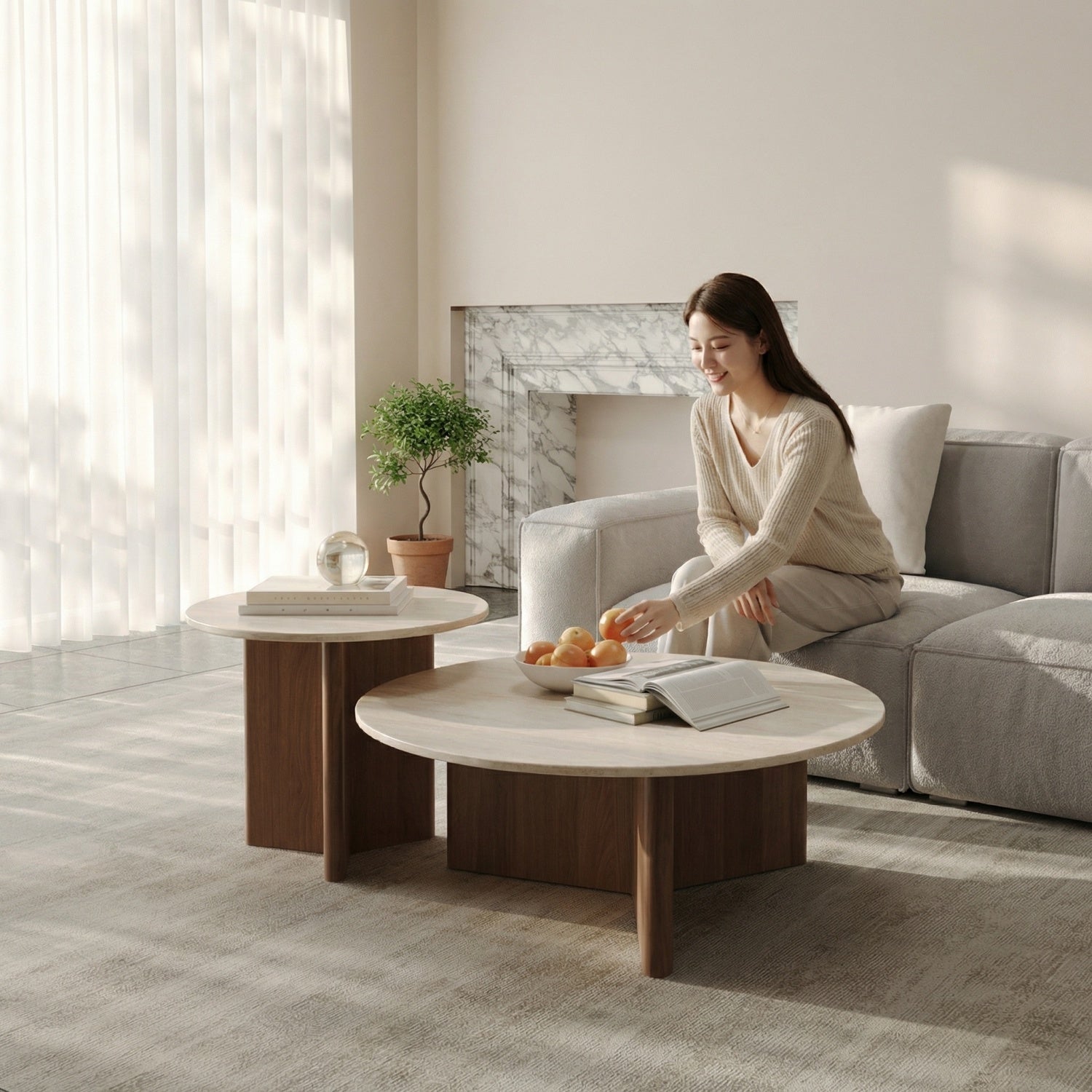 AAF Travertine Stone Coffee Table Walnut Arc Base & Cylinder 2-Piece UAE