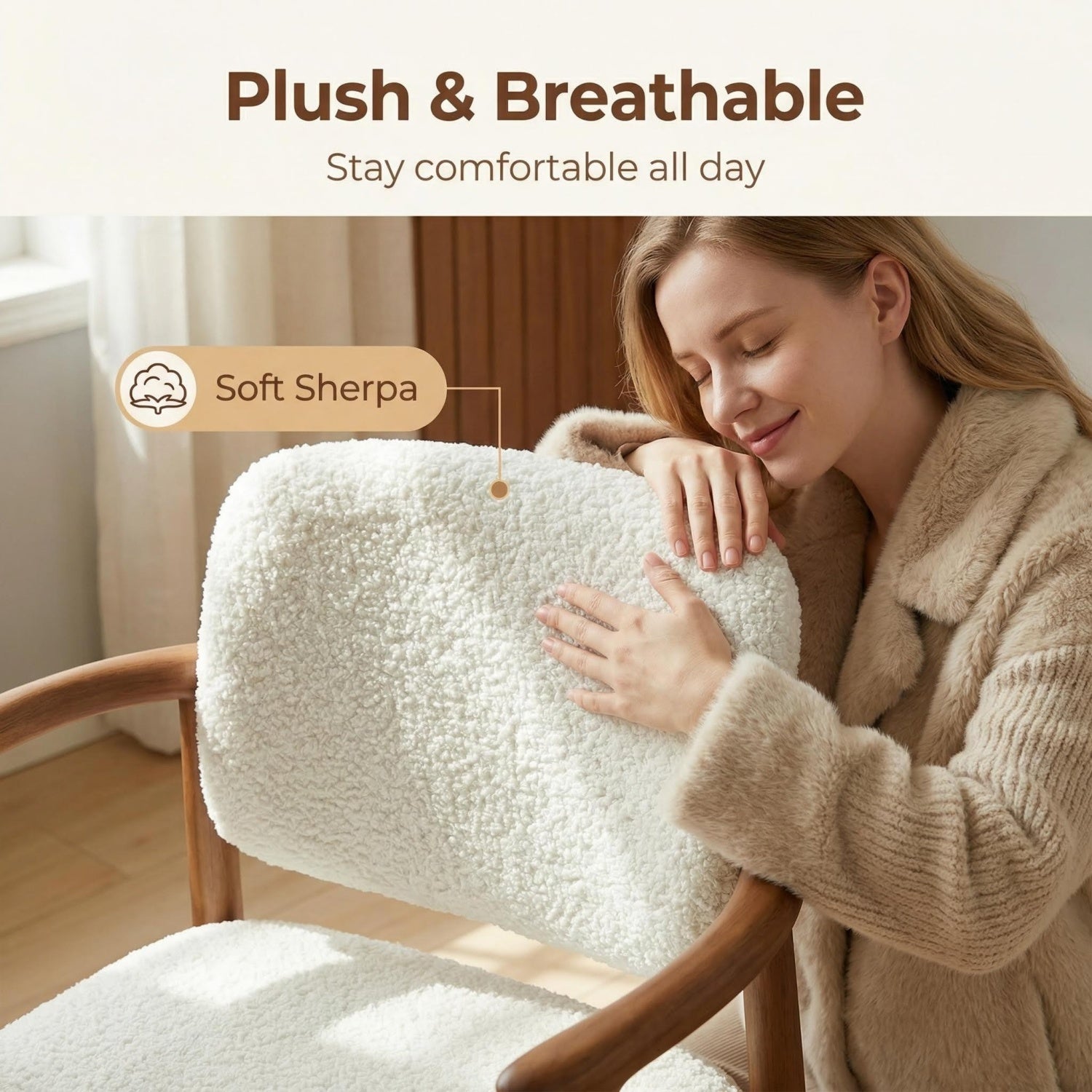 AAF Wood Frame Sherpa Chair Cream - Arc Armrest Dining Accent UAE