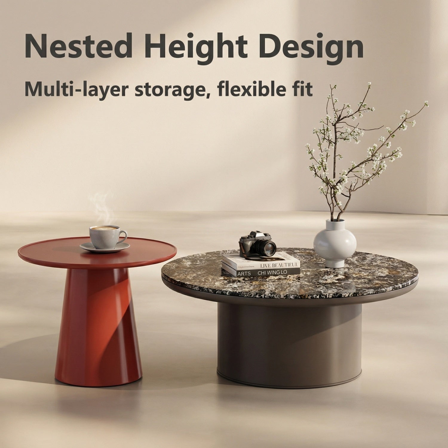 AAF Furniture Marble Coffee Table Set Red Grey 2-Piece Luxury UAE
