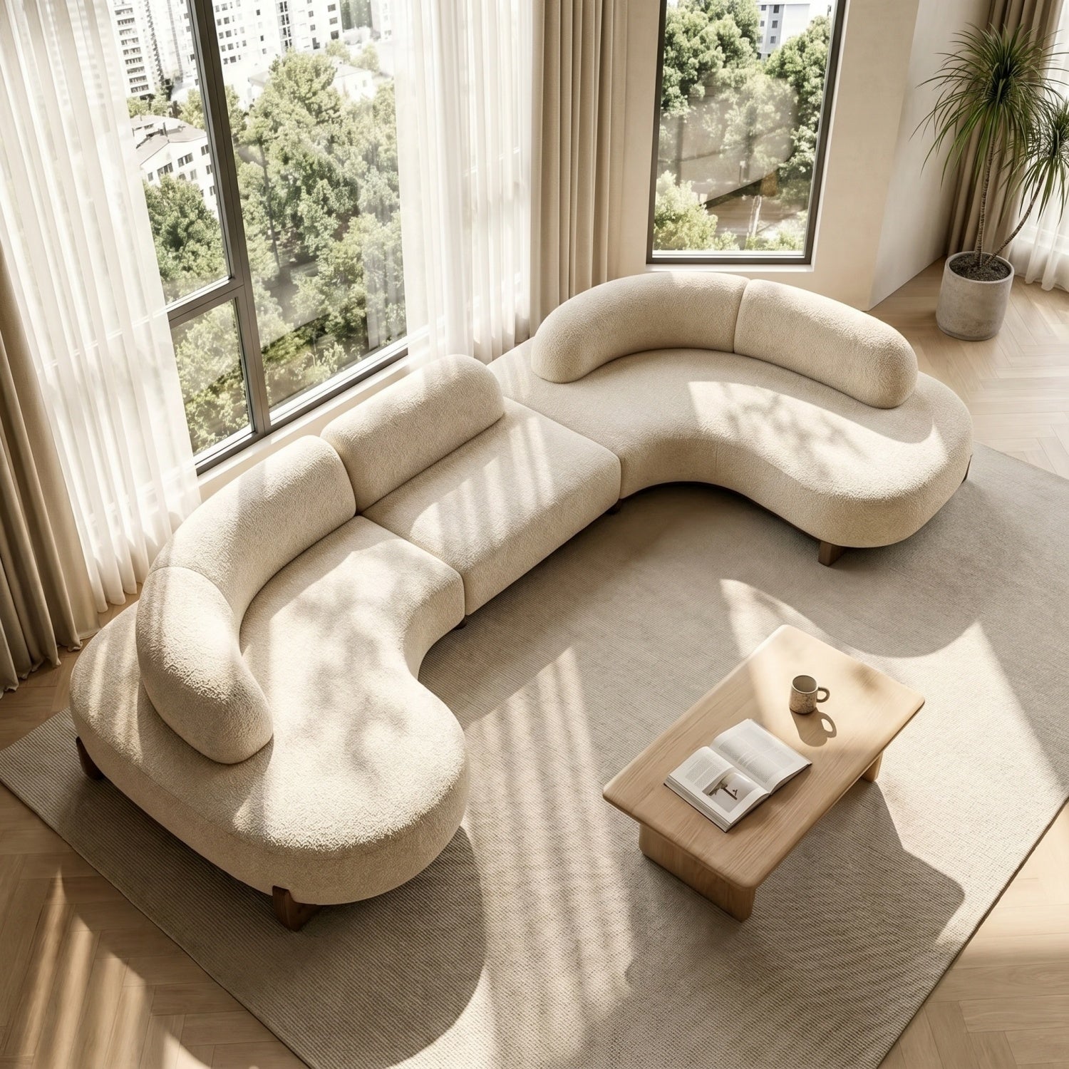 AAF Sherpa Arc Sofa Cream Walnut Wood Legs 4-6 Seat Japandi UAE