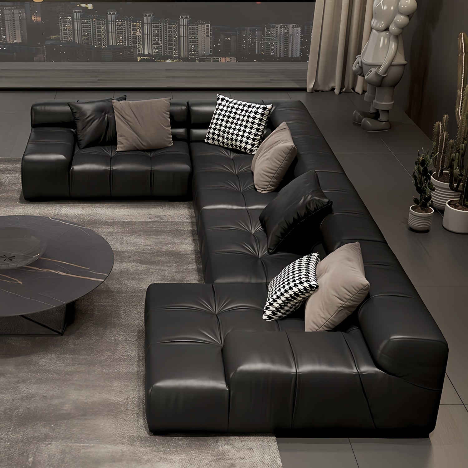 AAF Modular Black Leather Tufted Sectional Sofa Italian UAE