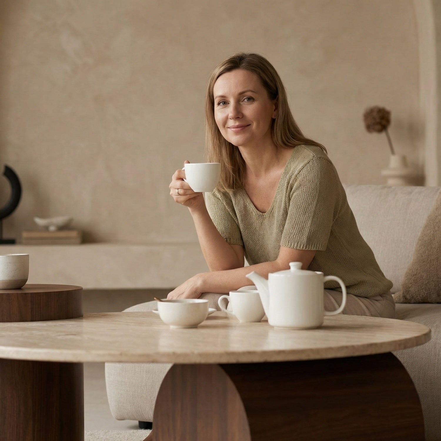 AAF Furniture Travertine Sintered Stone Coffee Table Set Walnut Column 2-Piece UAE