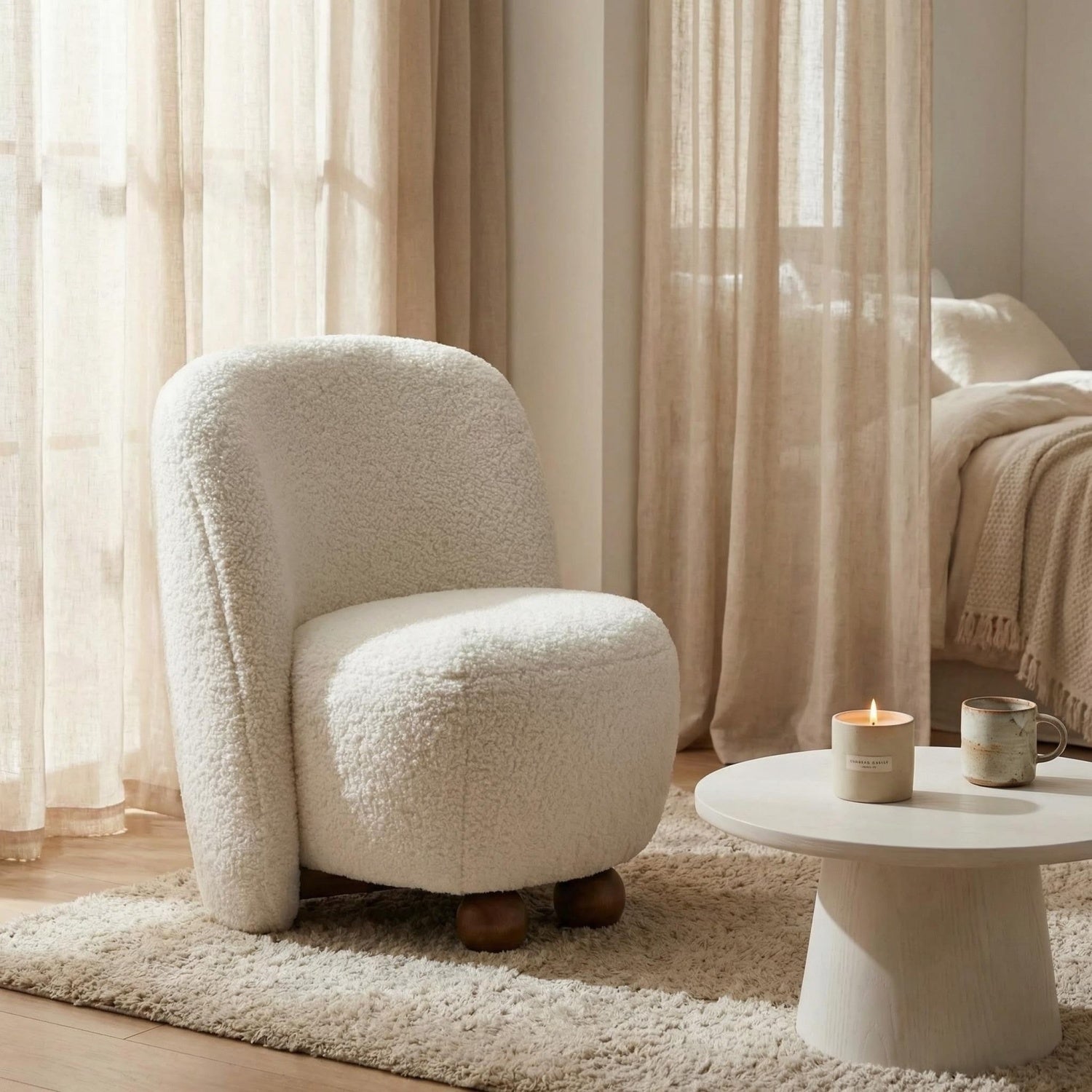 AAF Sherpa Fleece Armchair Round Walnut Wood Feet Off White UAE