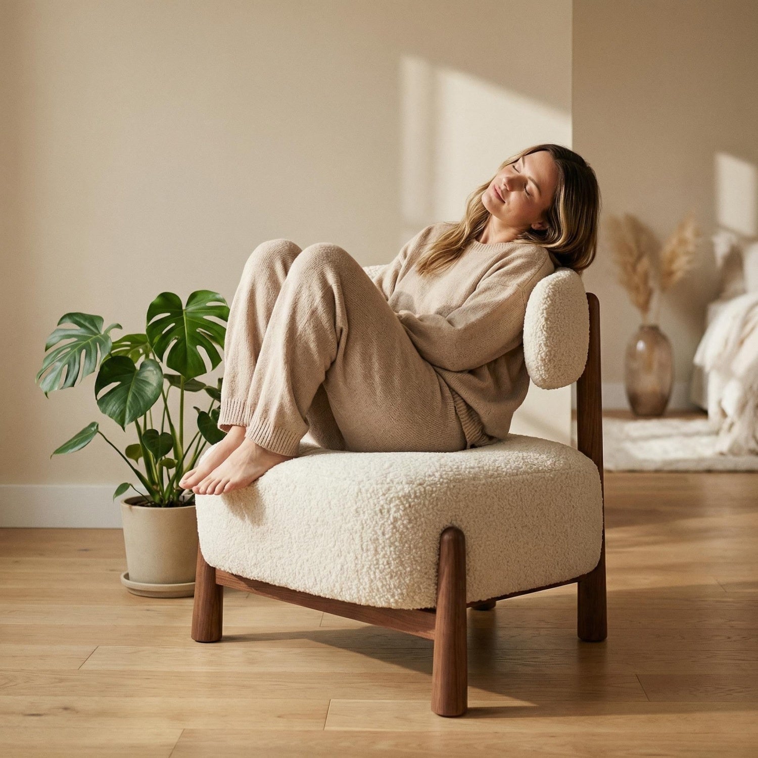 AAF Sherpa Fleece Armchair Walnut Wood Frame Off White UAE