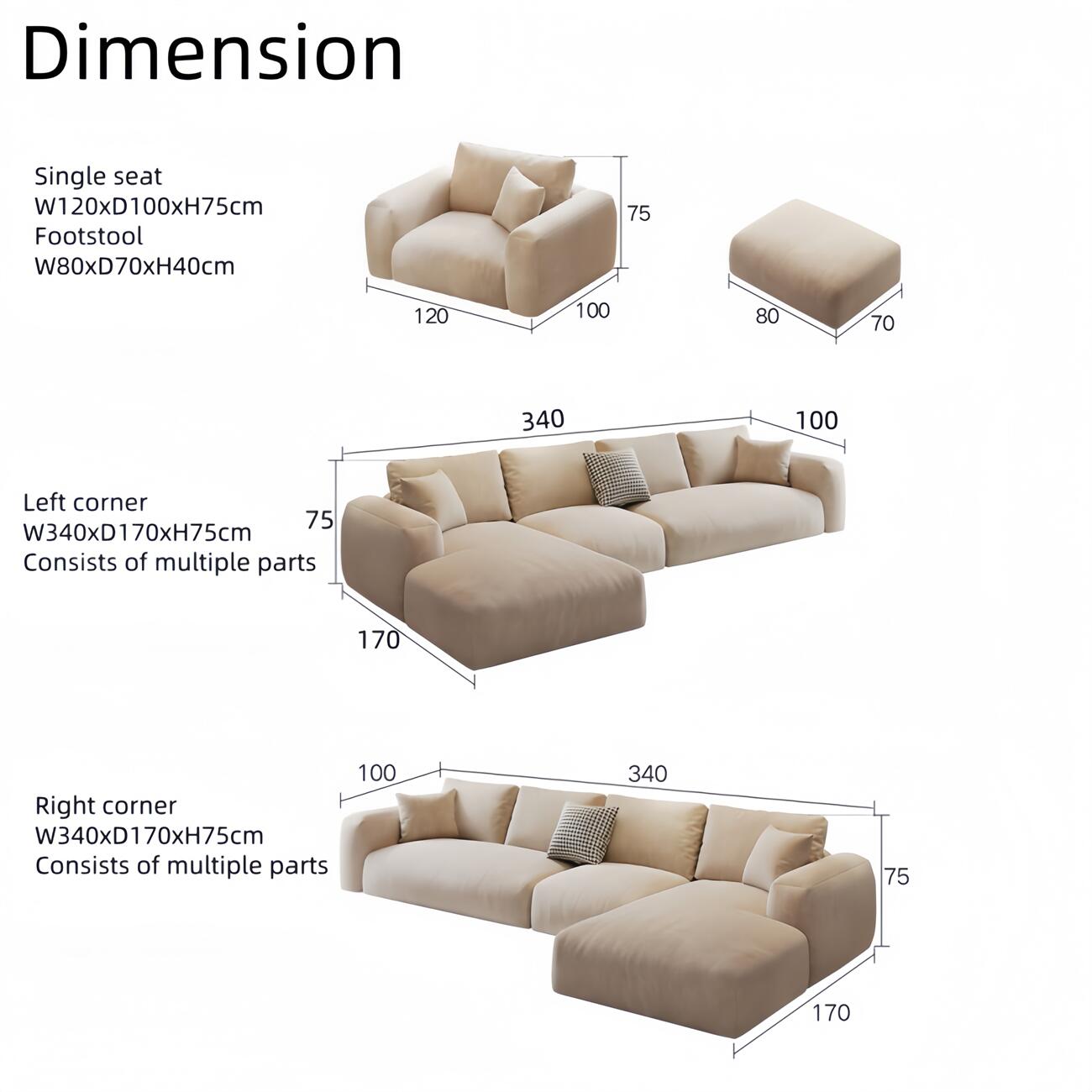 AAF FURNITURE Fleece Fabric Overstuffed Multifunction Sofa set for Livingroom Office