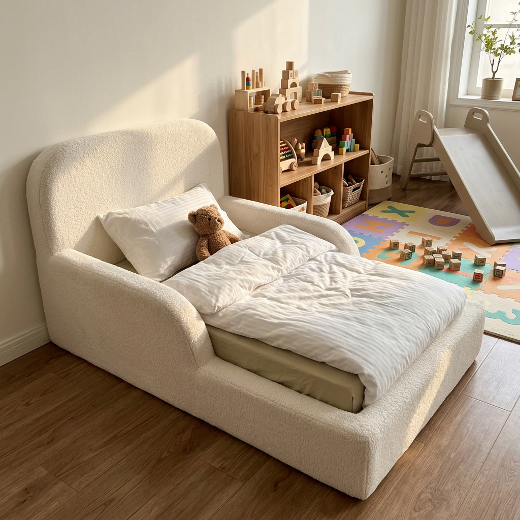 AAF Rounded Curved Headboard Sherpa Fabric Kids Safety Bed