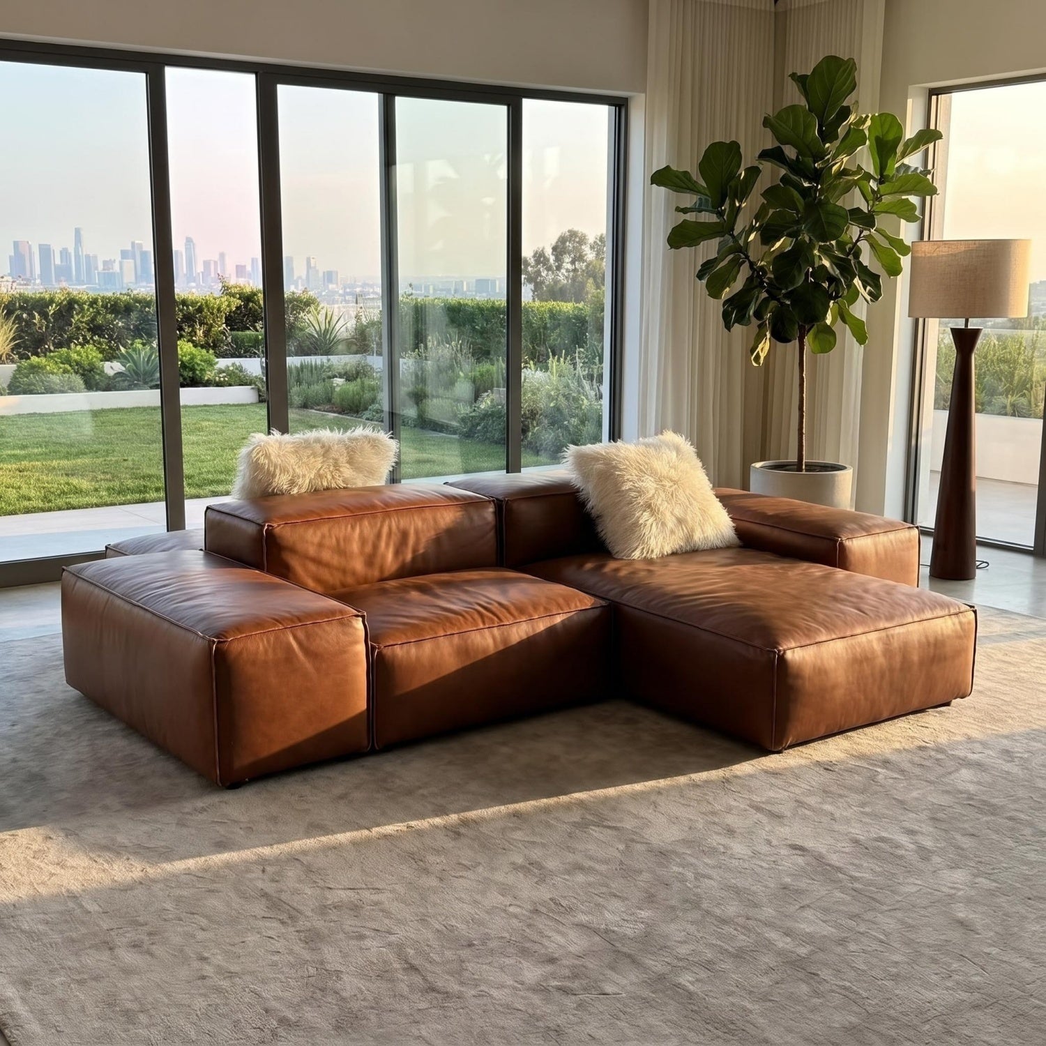 AAF Modular Leather Sofa Caramel Brown Geometric Sectional UAE