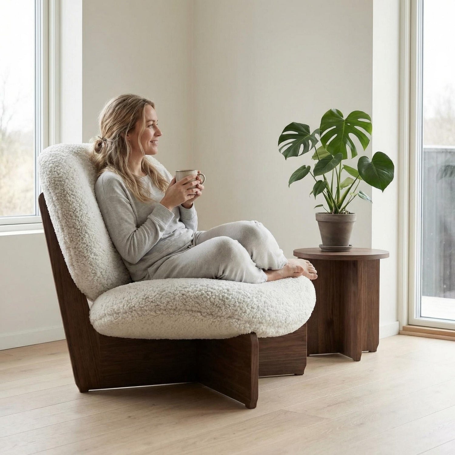 AAF Sherpa Fleece Arc Lounge Chair Off White Walnut Frame UAE