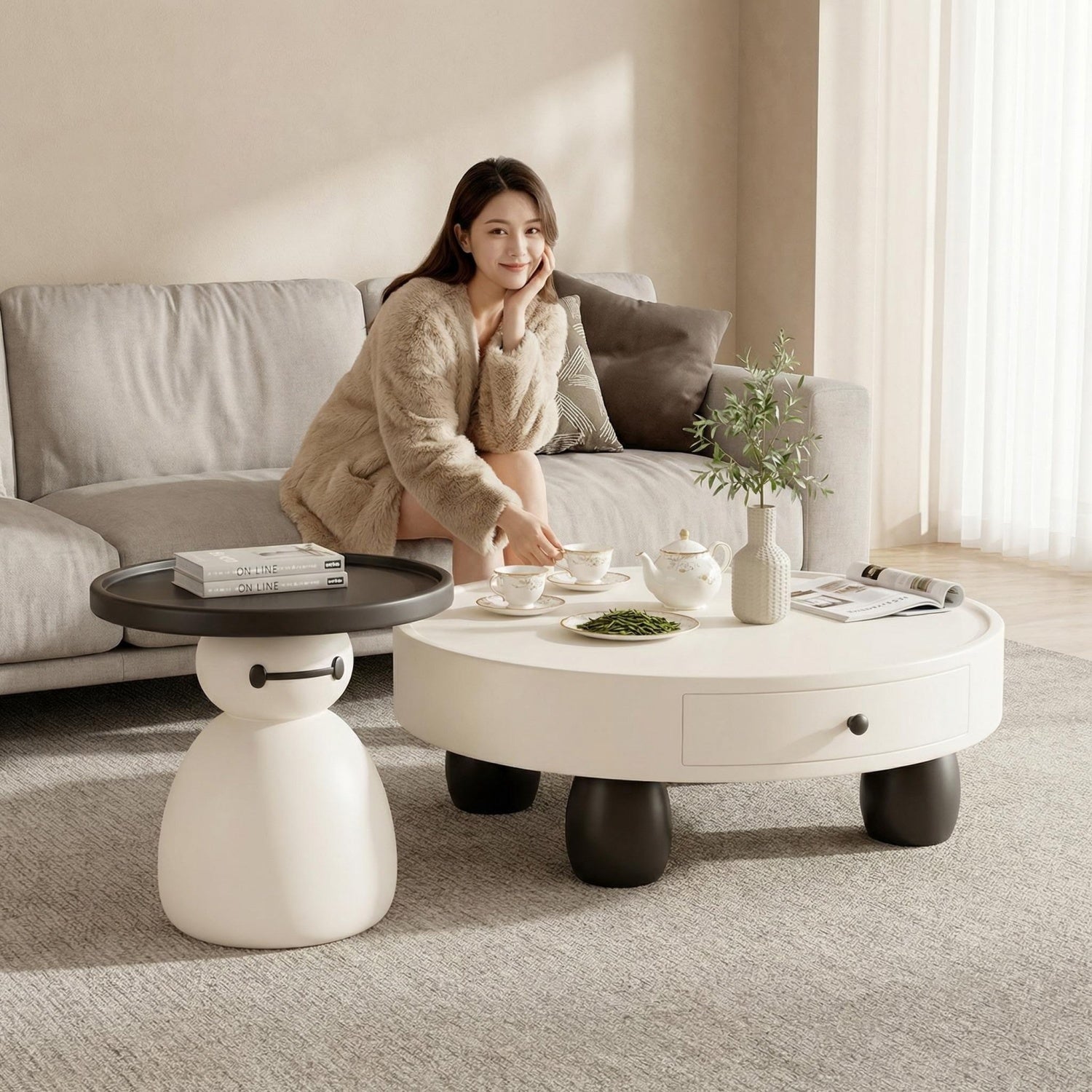 AAF Furniture Snowman Coffee Table Set White Black 2-Piece Drawer UAE