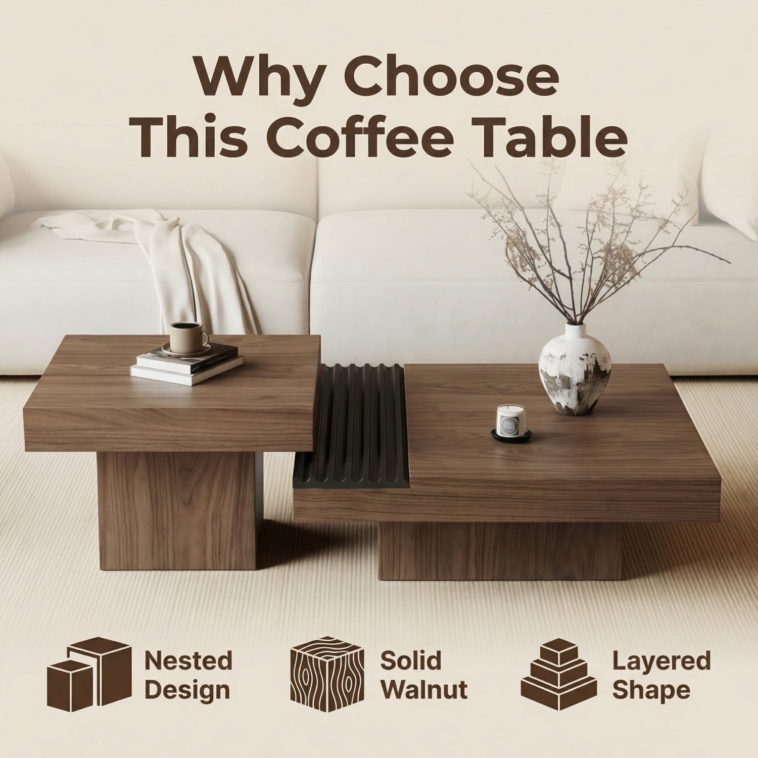 AAF Furniture Square Coffee Table Set Walnut Floating Storage 2-Piece UAE