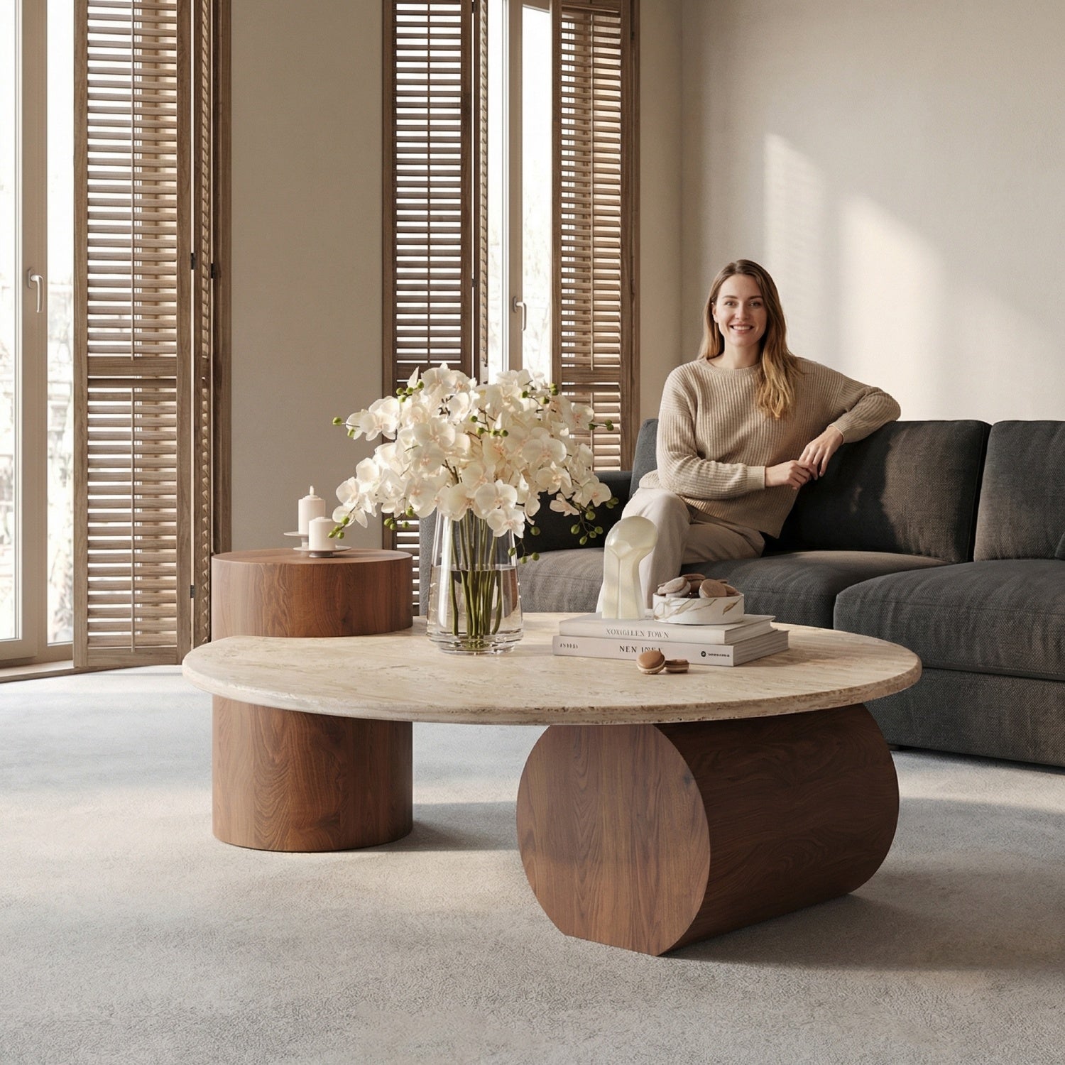 AAF Furniture Travertine Sintered Stone Coffee Table Set Walnut Column 2-Piece UAE