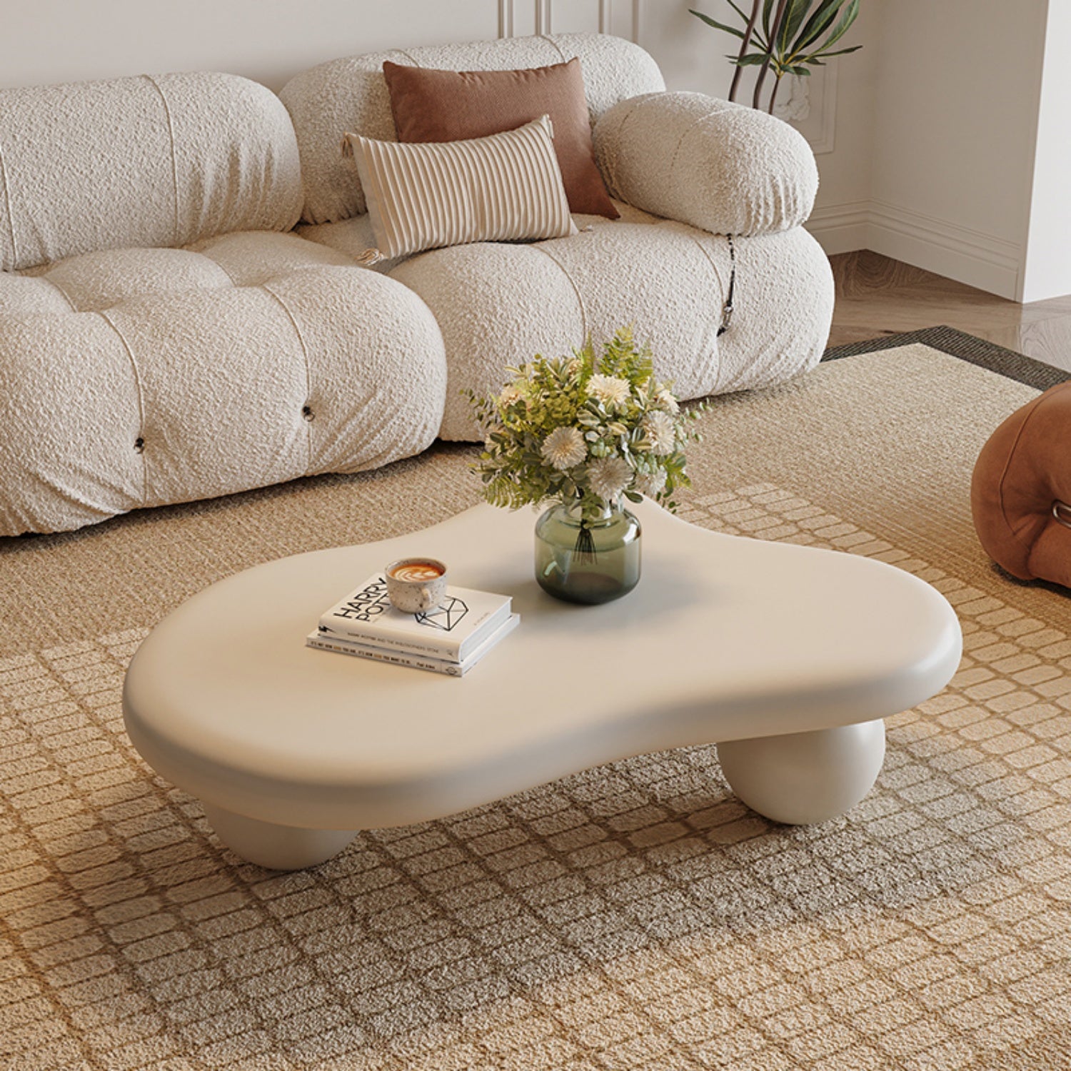 AAF FURNITURE Cream-style Coffee Table, Cute White Modern Tea Table, Irregular Indoor End Table for Living Room
