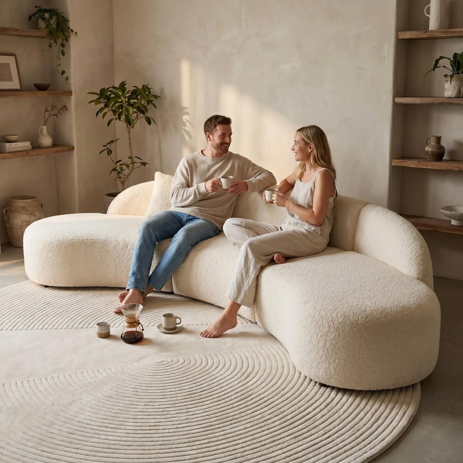 AAF Teddy Fleece C-Shape Curved Sofa Cream Beige 2-7 Seat UAE